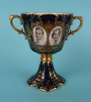 1937 Coronation: a good Aynsley twin handled trophy cup, the cobalt blue ground well enamelled and