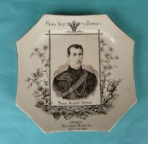 1886 Visit to Burnley by Prince Albert Victor: an octagonal pottery plate printed in dark brown (