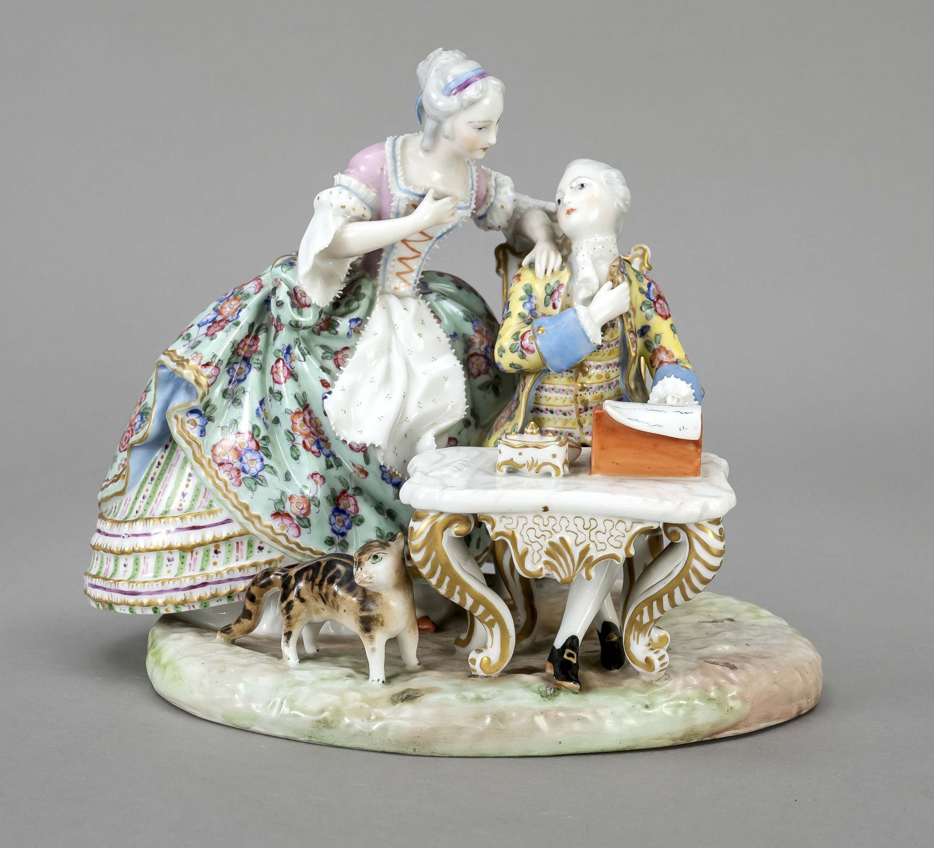 Group of figures, 20th century, probably France after Meissen model, elegant cavalier writing a