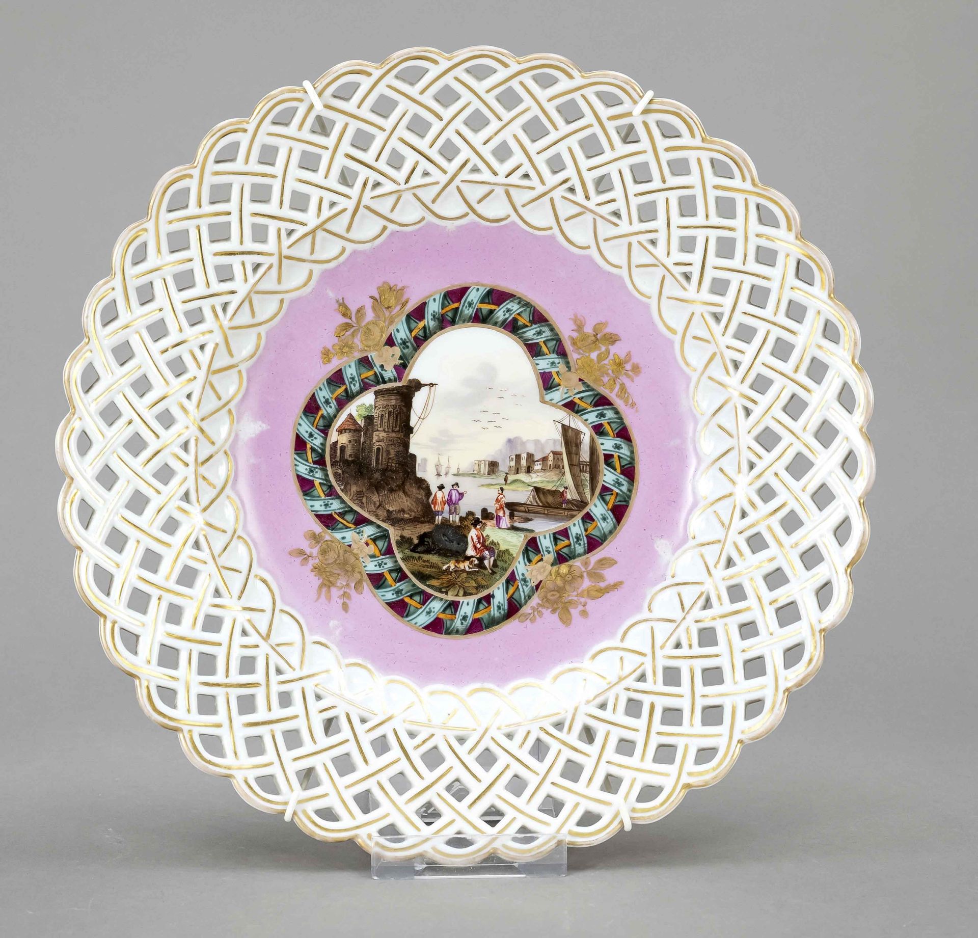 Meissen picture plate, 19th c., mark tws. cut off, in mirror four-piece reserve with merchant ice