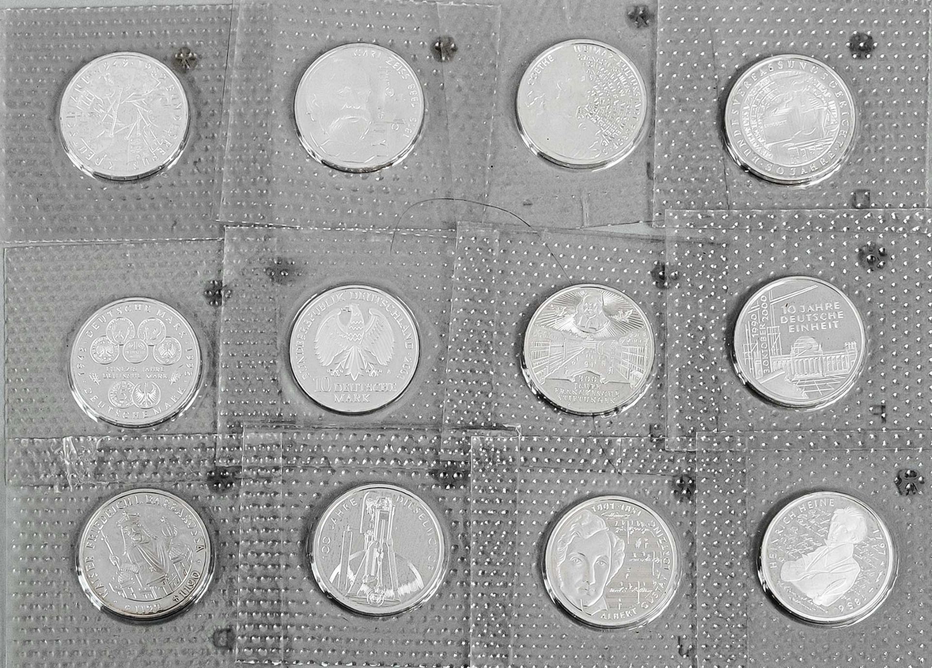 12 x 10 DM commemorative coins Federal Republic of Germany, 1988 - 2001, silver rubies All