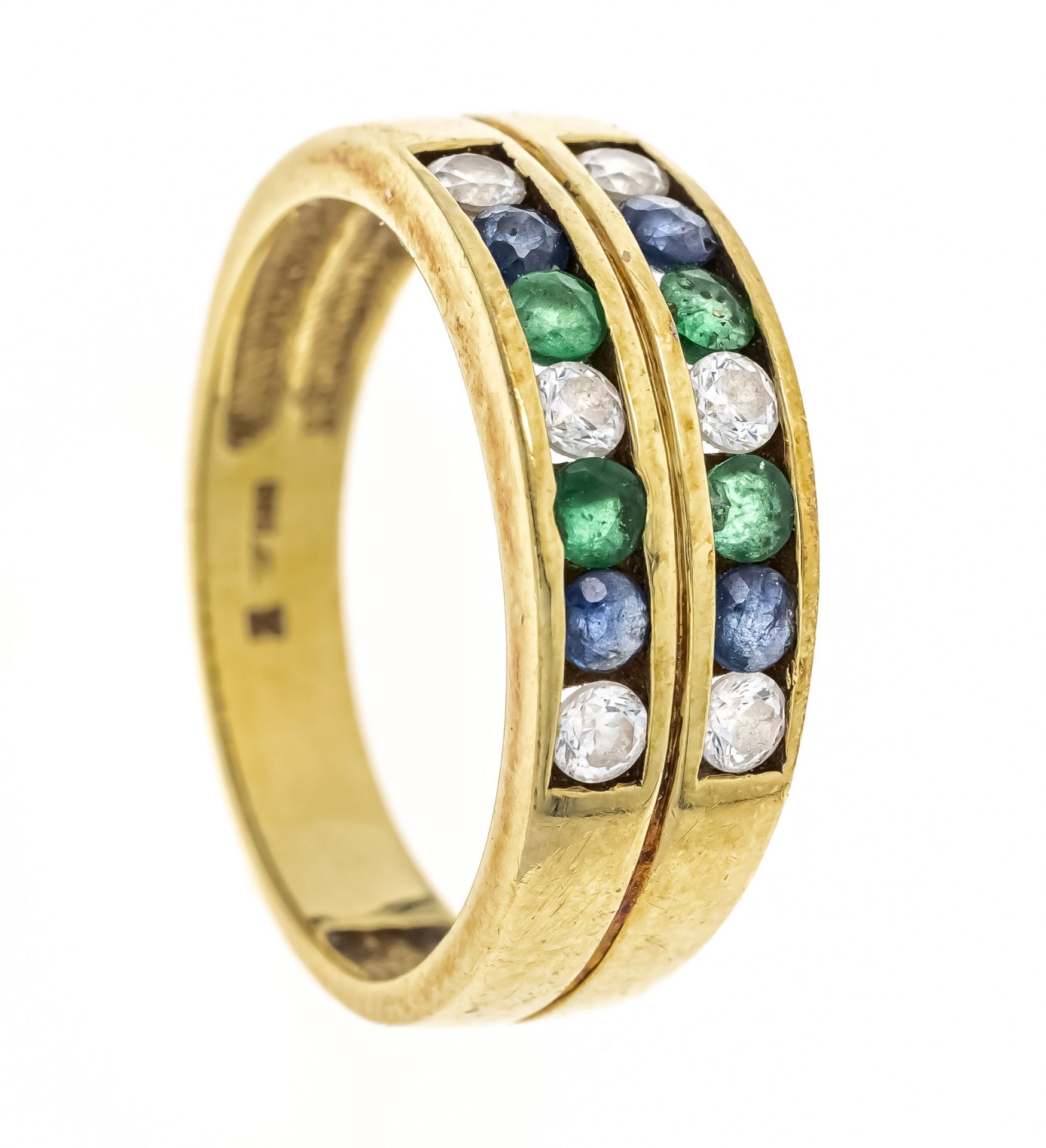 Riviere ring GG 585/000 with round faceted gemstones 1,8 mm, blue, green, white, translucent, RG 49,