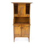 Art Nouveau ornamental cabinet around 1900, solid oak, below two doors with brass fittings typical