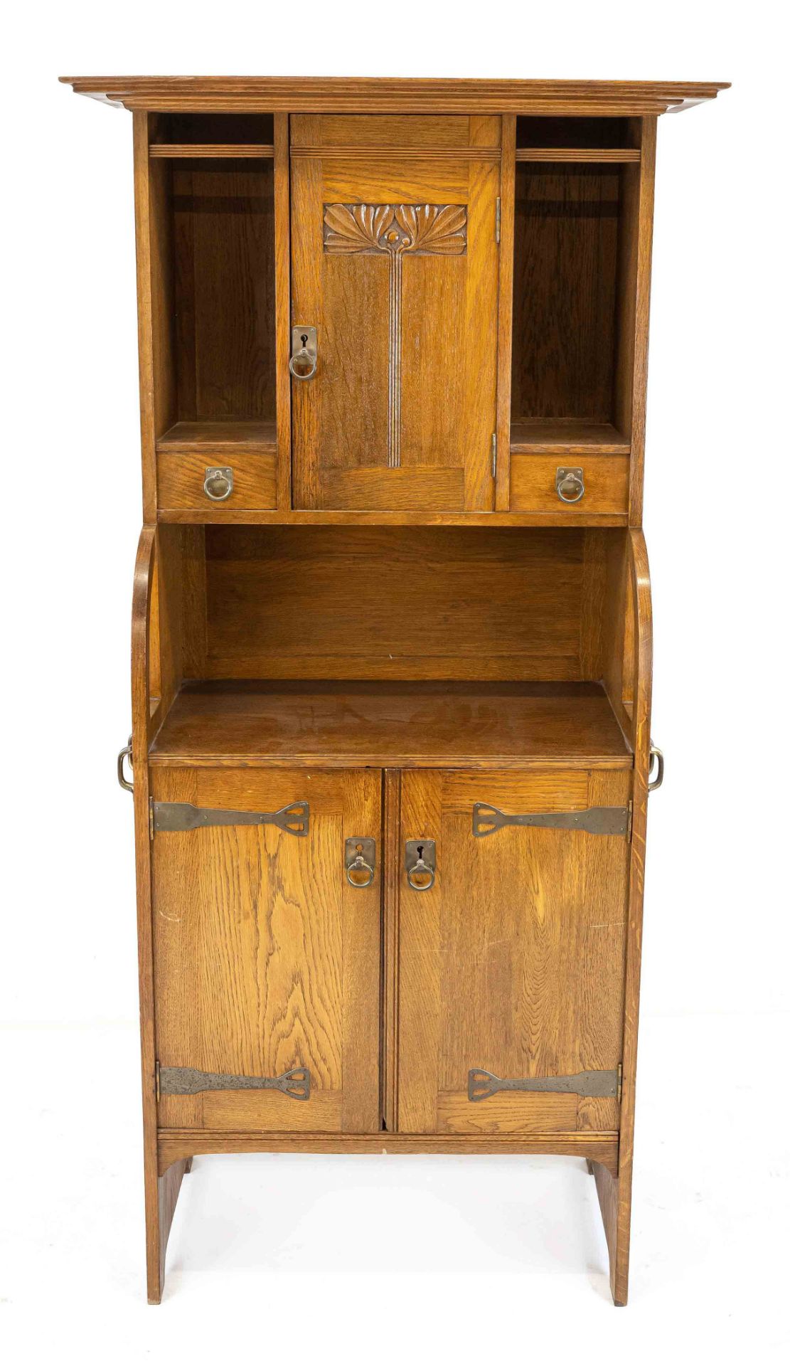 Art Nouveau ornamental cabinet around 1900, solid oak, below two doors with brass fittings typical