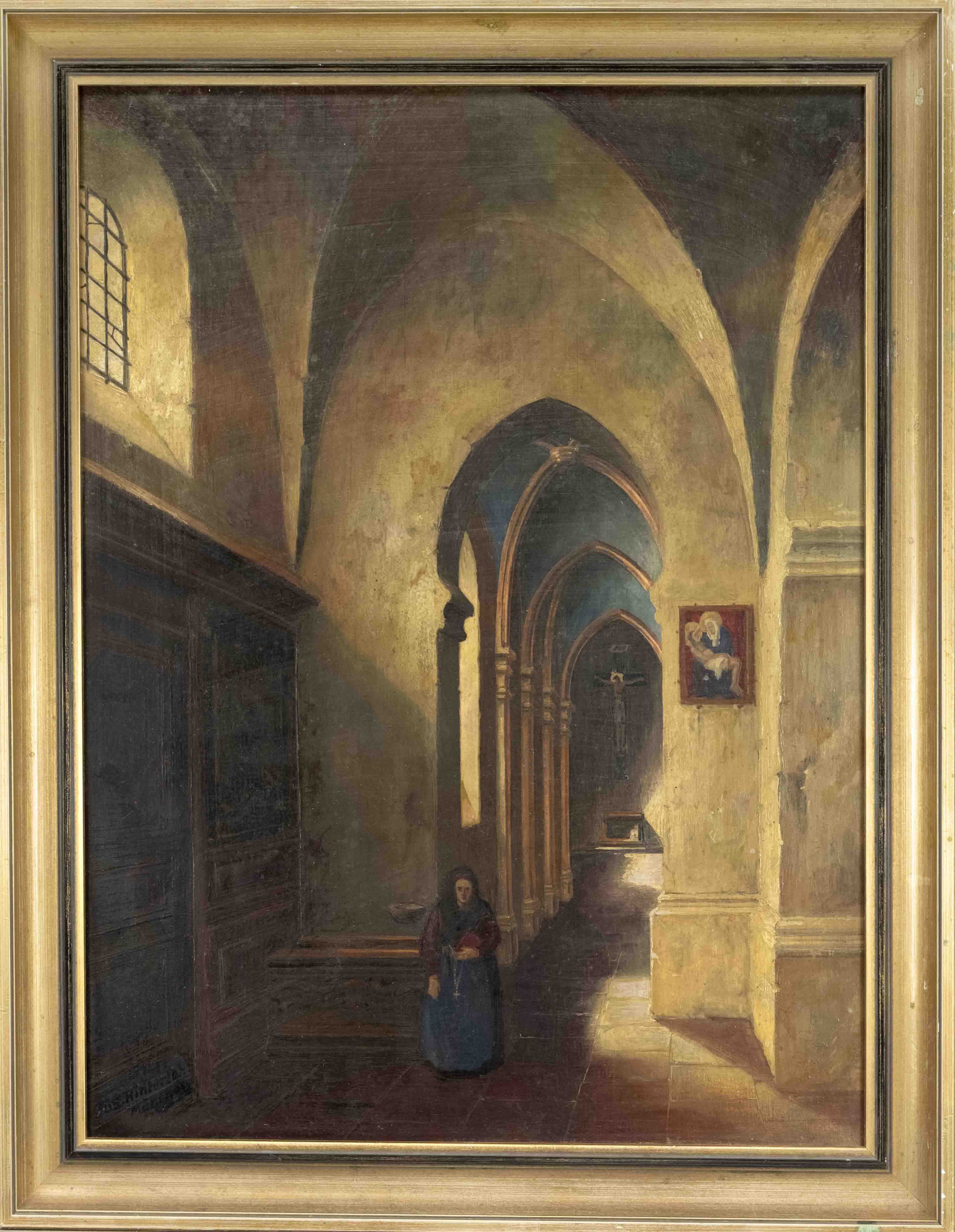 Jos. Hinterlohr, Munich painter early 20th century, church interior in Boulanger/France, oil on