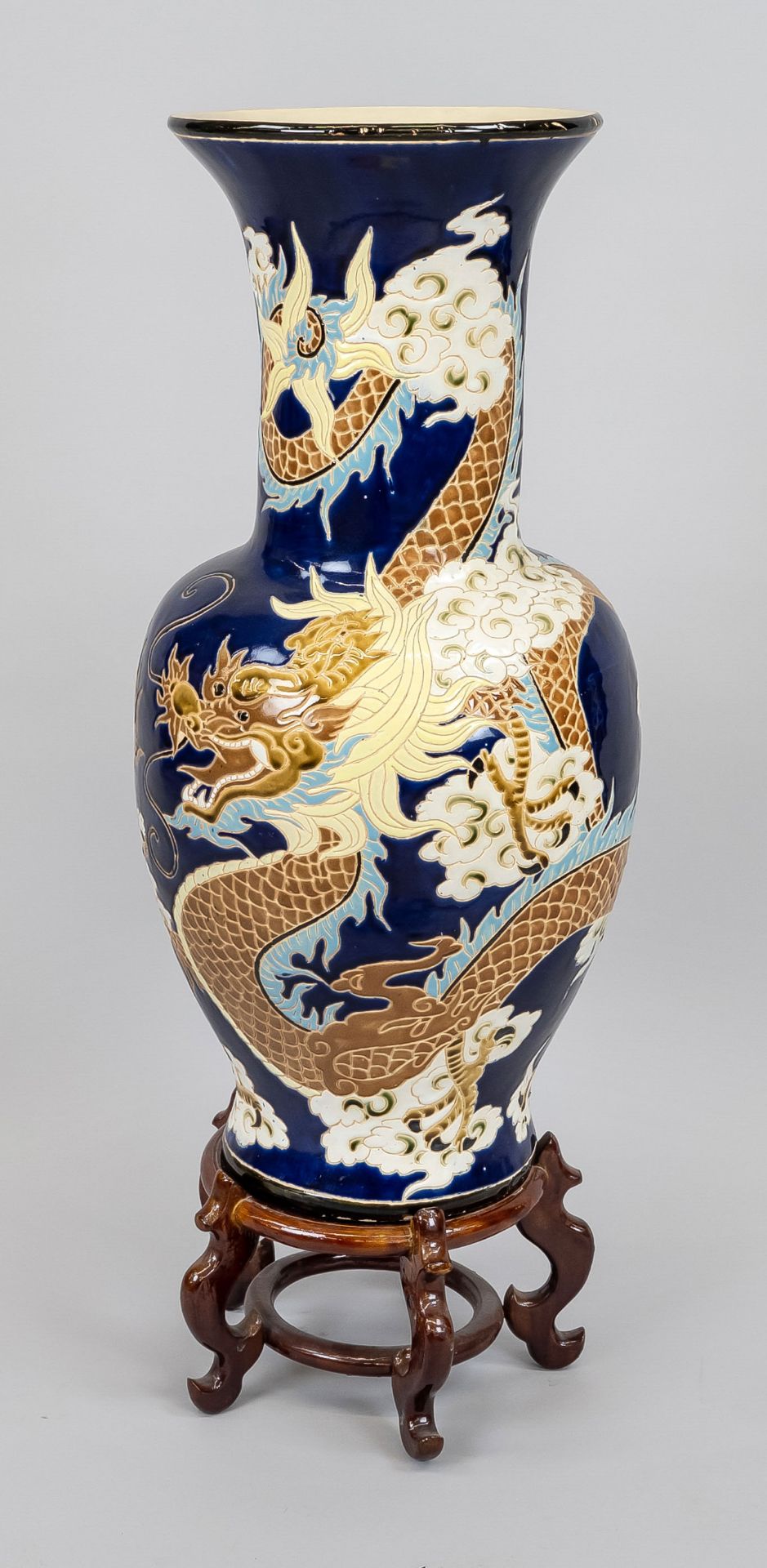 Giant dragon vase Satsuma(?), Japan circa 1900, porcelain with dark blue background in polychrome