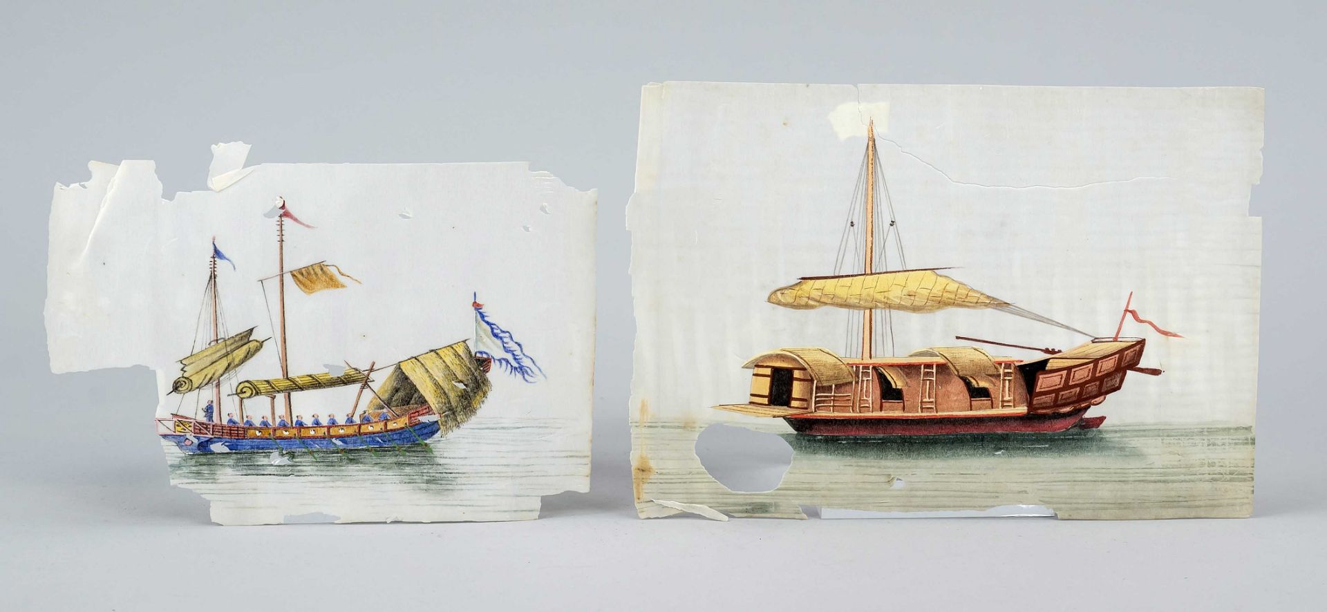 Two rare pith paintings depicting ships, China, Qing dynasty(1644-1911), around 1800, gouache on
