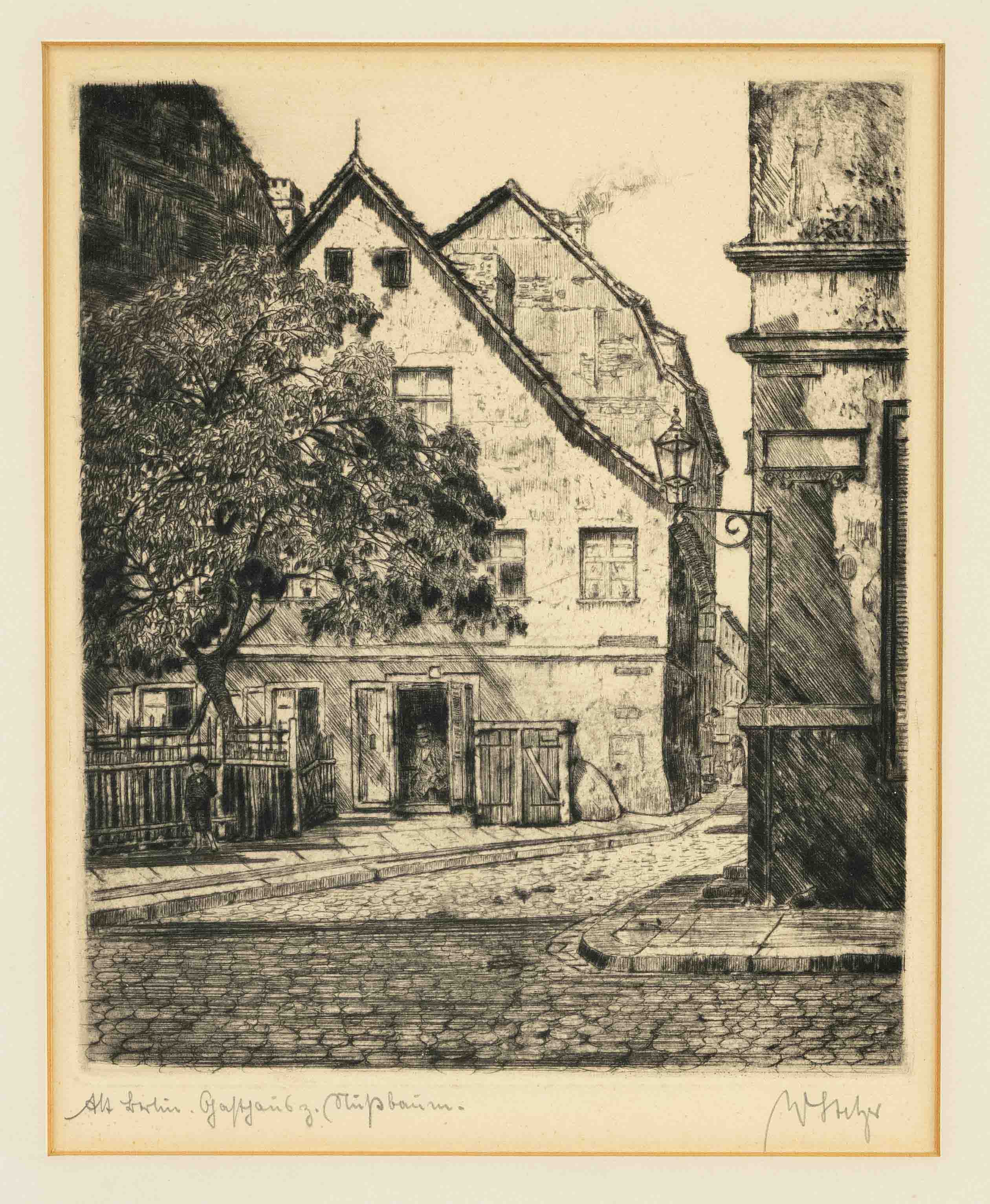 Willy Stelzer (1883-1953), old Berlin view with the inn "zum Nußbaum", etching, signed lower