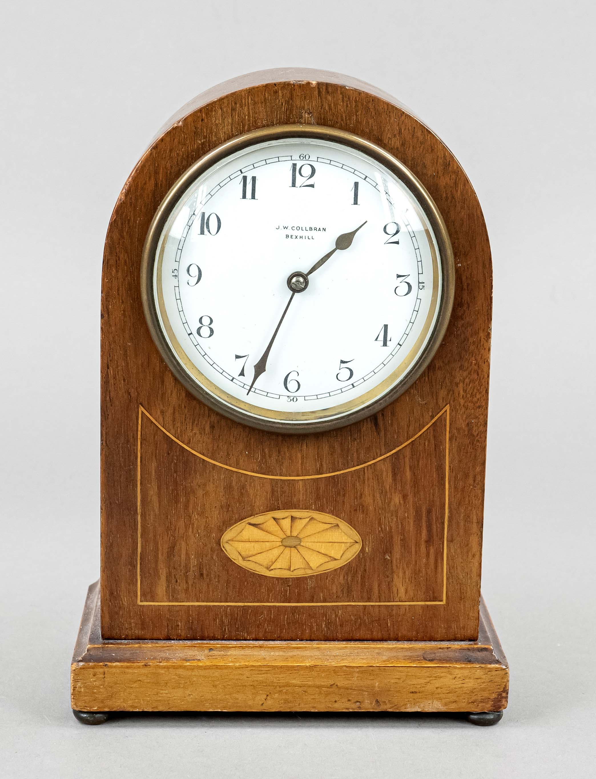 English table clock mahogany wood, marked J.W. Collbran - Bexhill, circa 1900, round head, base on