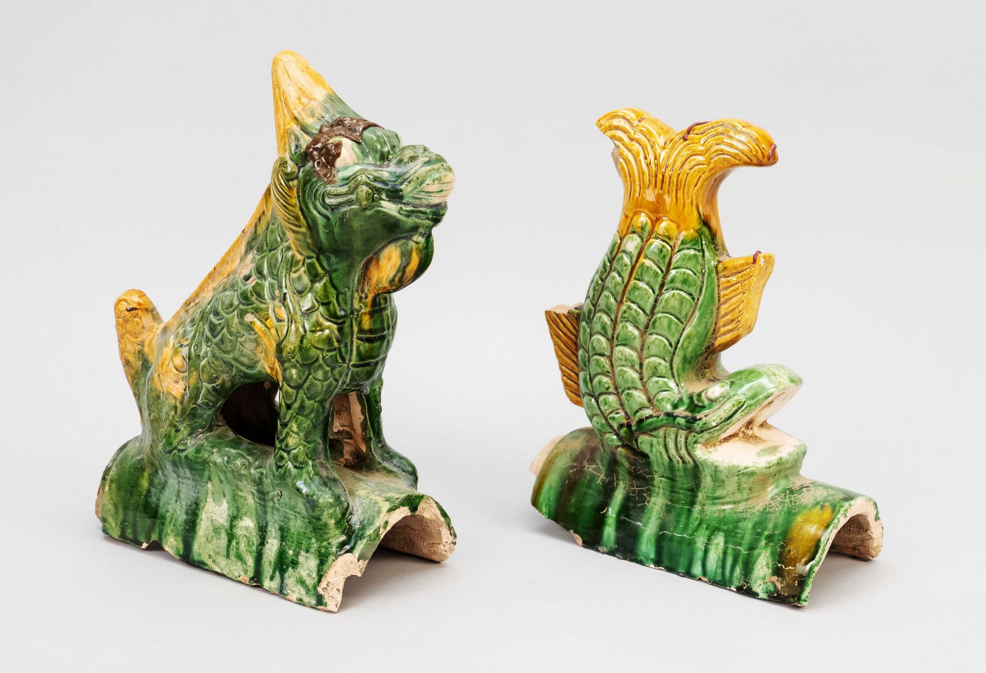 Two ridge turrets, China, 20th c., in the style of the Ming dynasty(1368-1644), yellow-green river