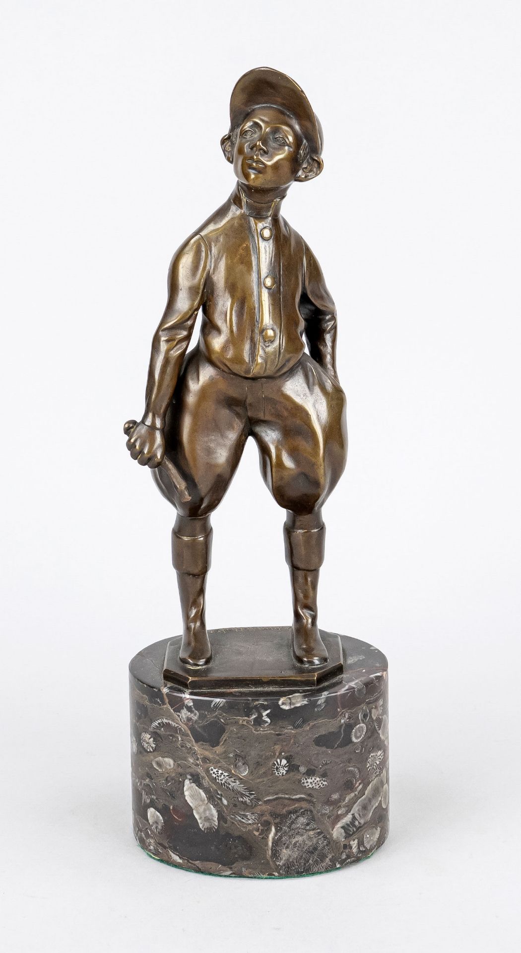 Otto Schmidt-Hofer (1873-1925), young jockey, greenish patinated bronze on marble base, signed in