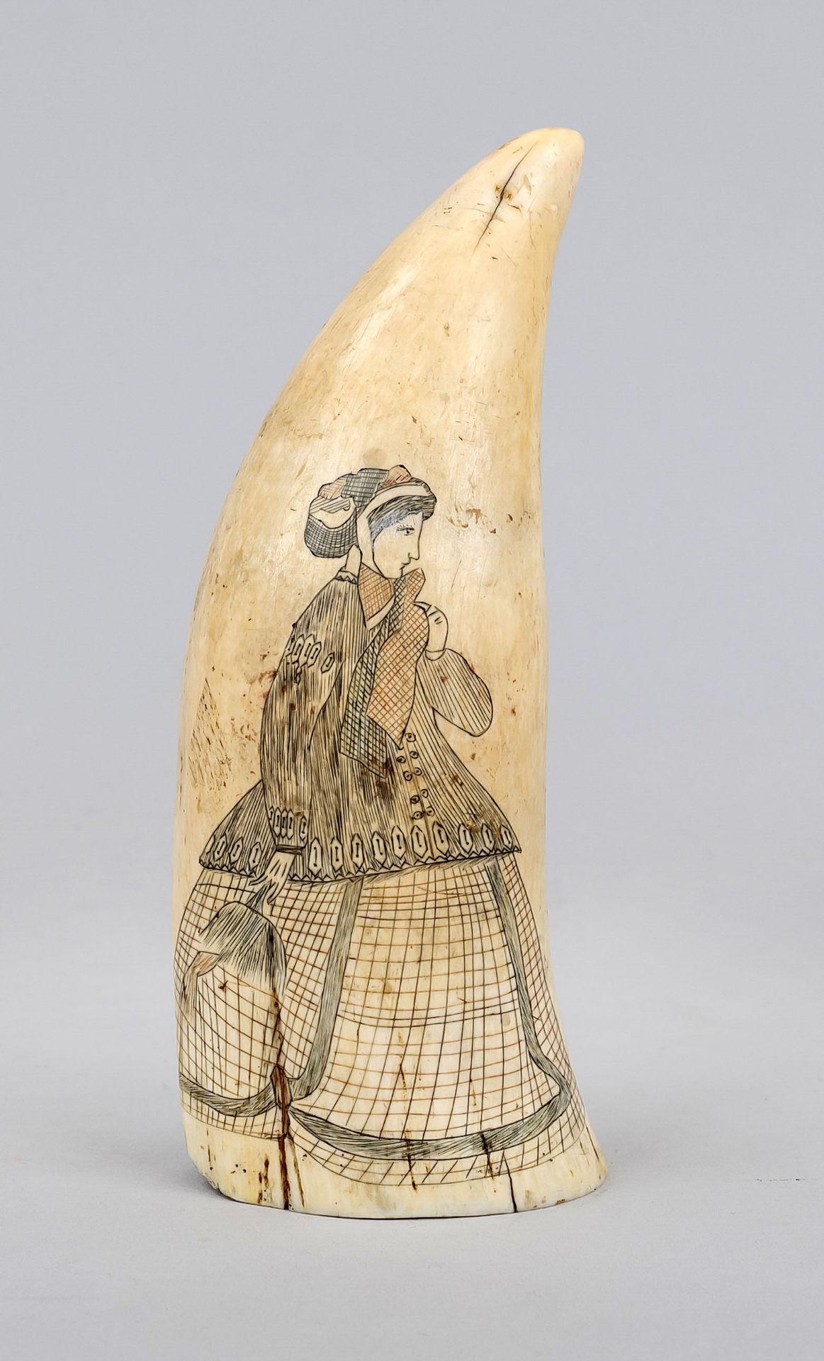 Walrus tooth, 19th c., with polychrome painted incised decorations with gallant women's rooms, small