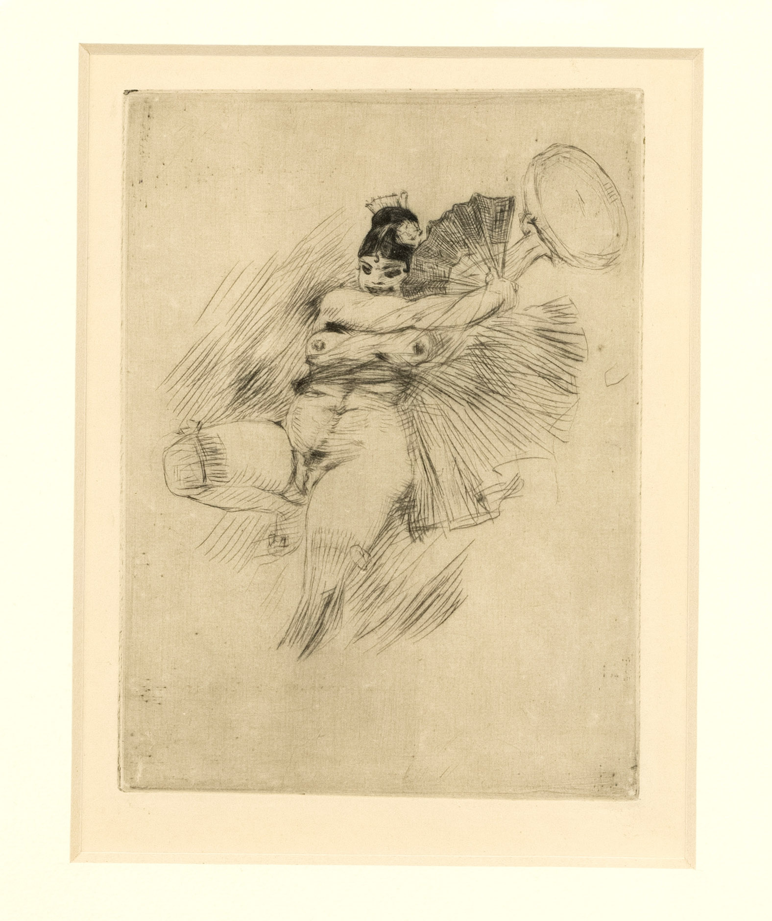 Félicien Rops (1833-1898), ''Perle d'Alabaceyn'', nude dancer with tambourine, etching with