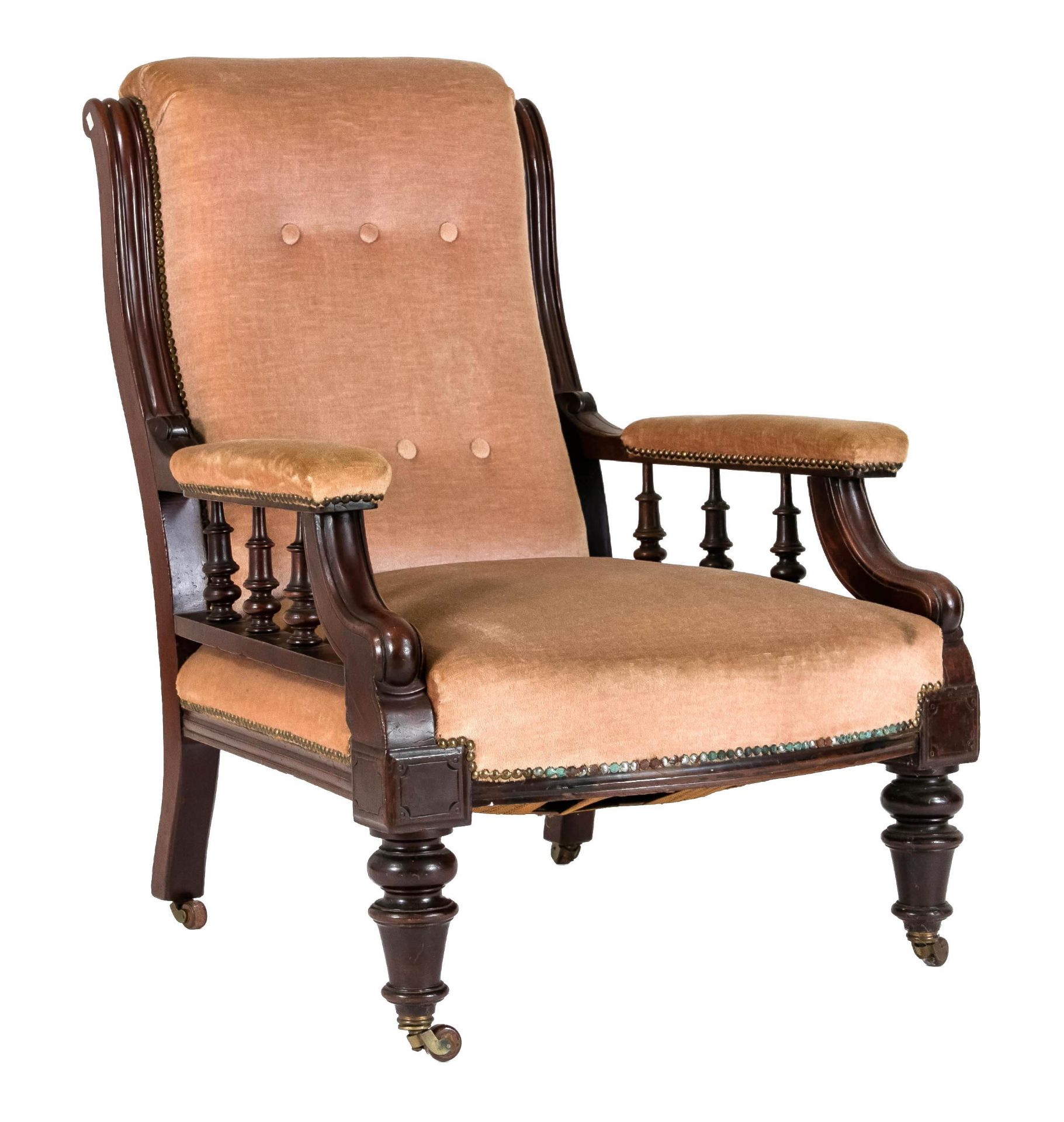 Armchair, England circa 1890, solid mahogany, upholstered, on roller feet, 98 x 70 x 65 cm.- This