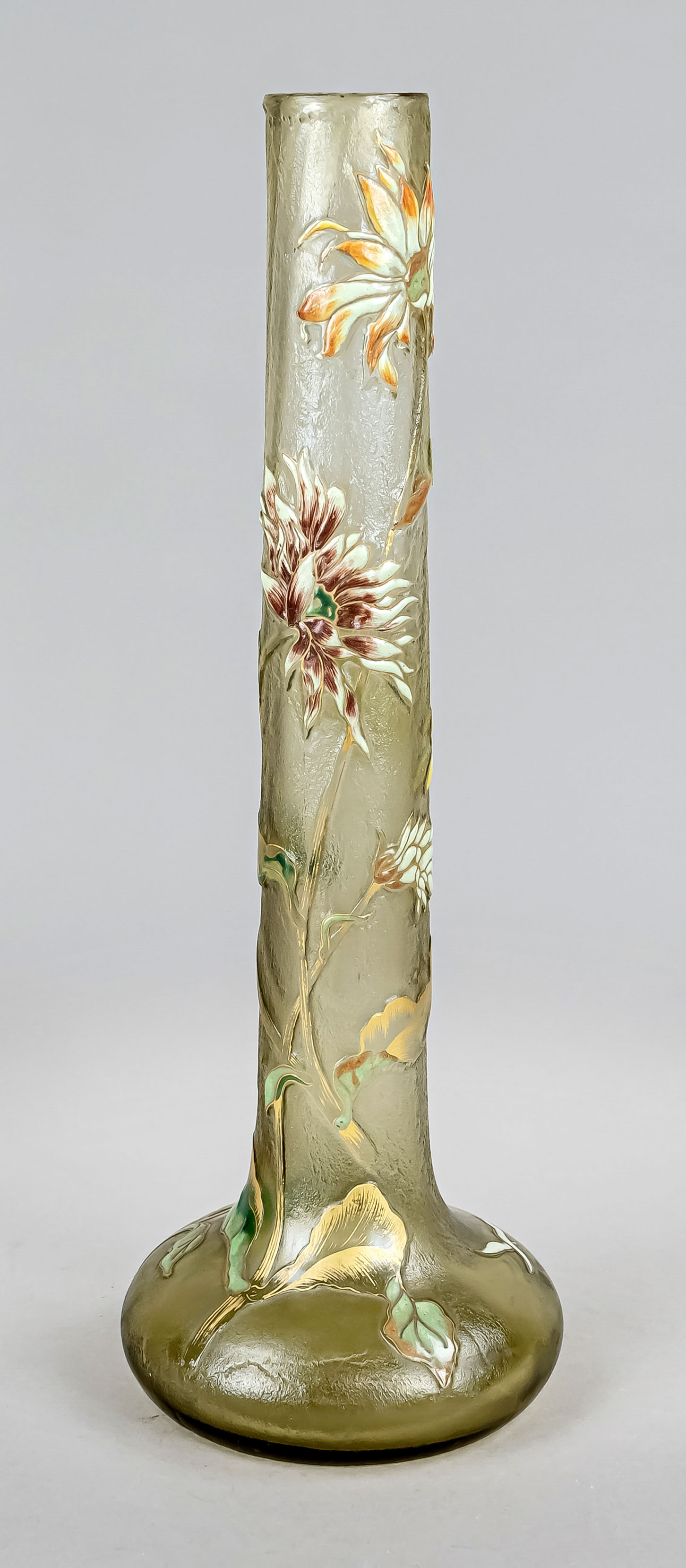 Large bar vase,France, c. 1900, Émile Gallé, Nancy, bulbous round stand, slender slightly tapering