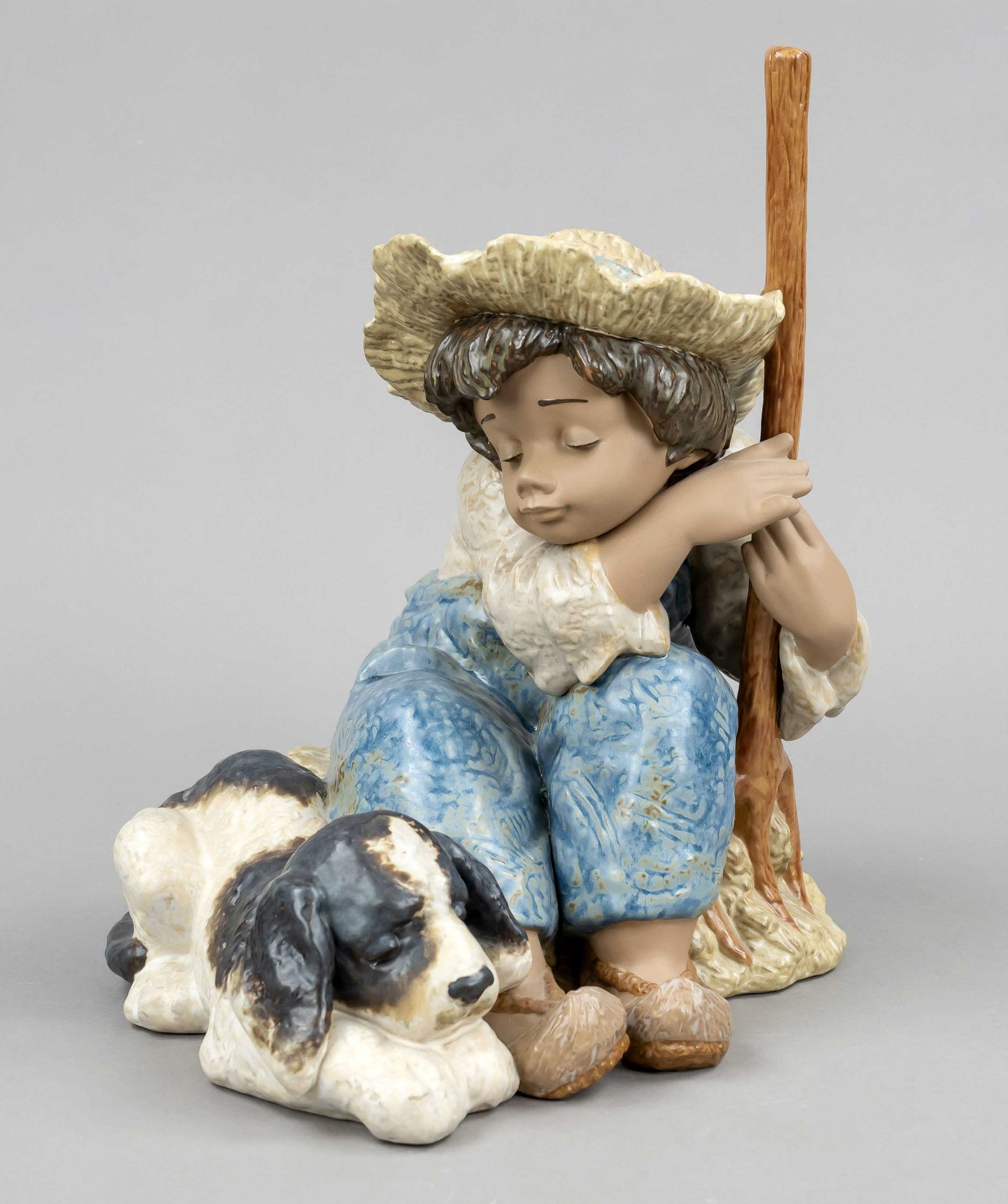 Sitting boy with dog, Lladro, Spain, 20th century, model no. 2208, ceramic, brown clay, glazed in