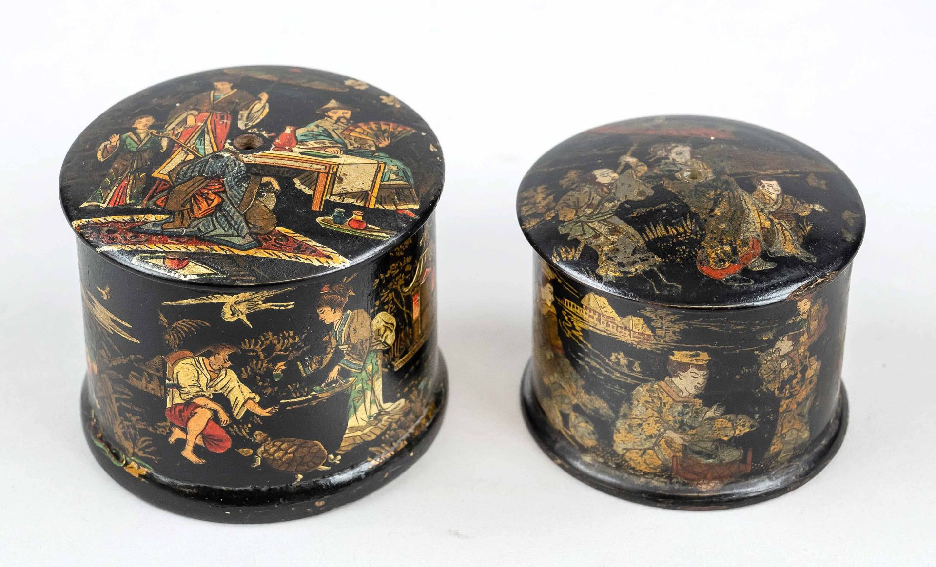 Pair of yarn boxes, Japan, Meiji period(1868-1912), round black lacquer lidded boxes with polychrome