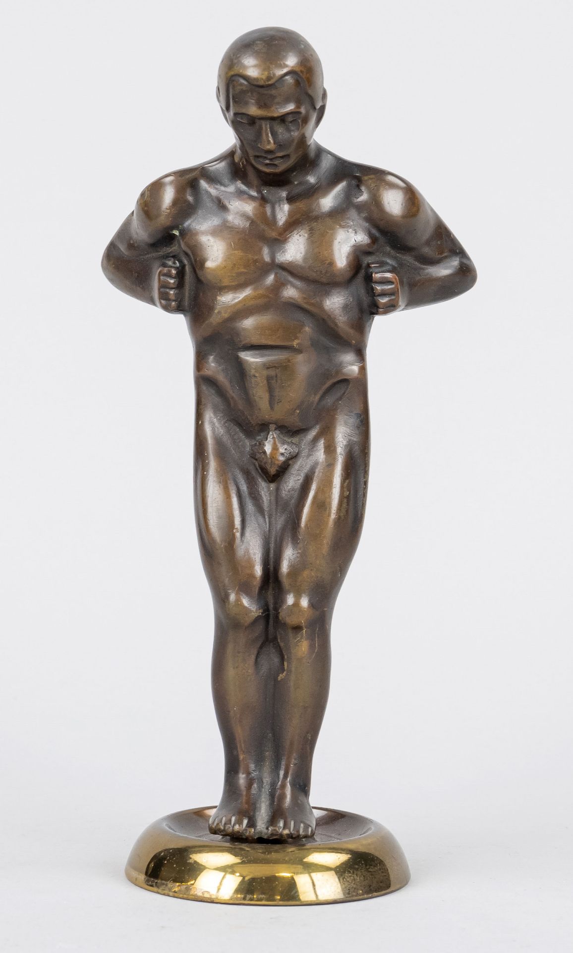 Anonymous sculptor c. 1930, nude athlete with bent arms and fig leaf, patinated bronze on round