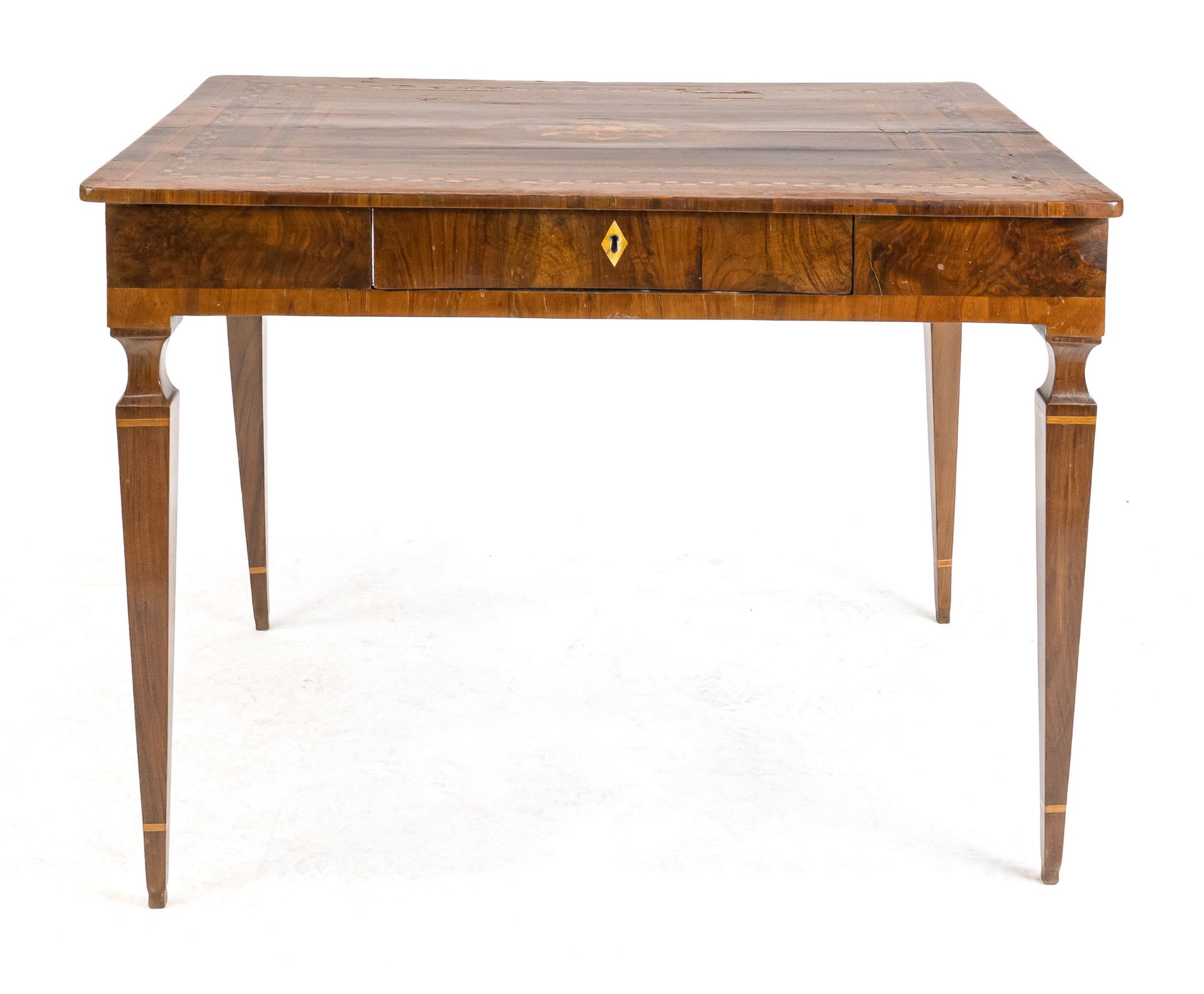 Biedermeier table circa 1820, walnut and other fine woods veneered, frame with drawer, veneer framed - Image 2 of 2