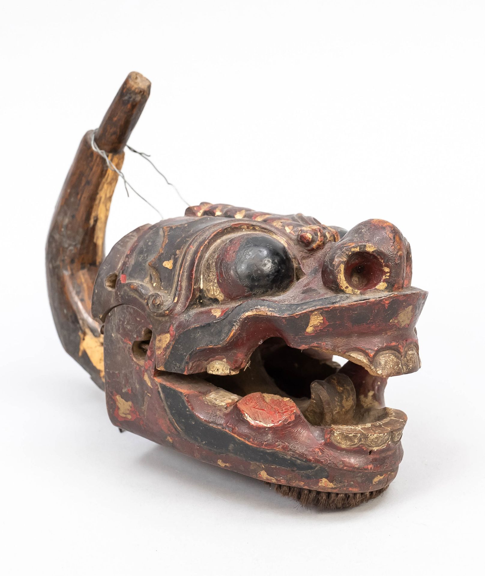 Mask Barong, probably Java 19th century, compact wooden mask painted with animal hair trim, the