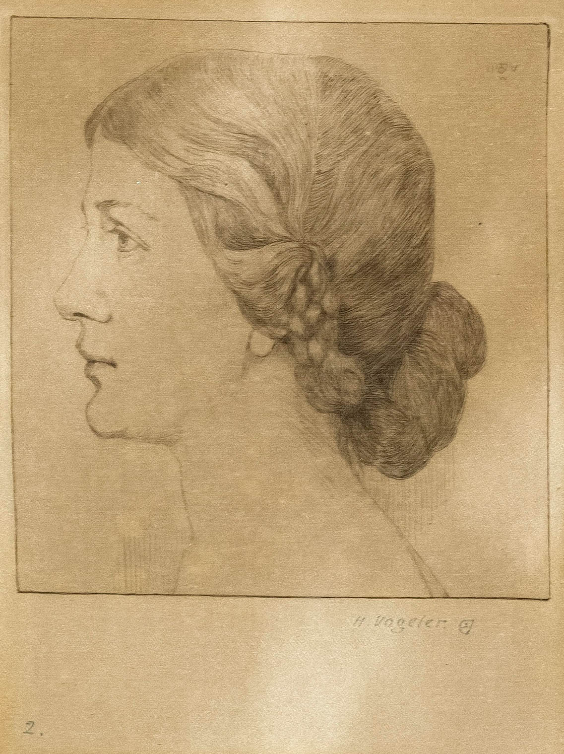 Vogeler, Heinrich. 1872 Bremen - 1942 Kazakhstan. Woman's head (Martha Vogeler). 1909. rare