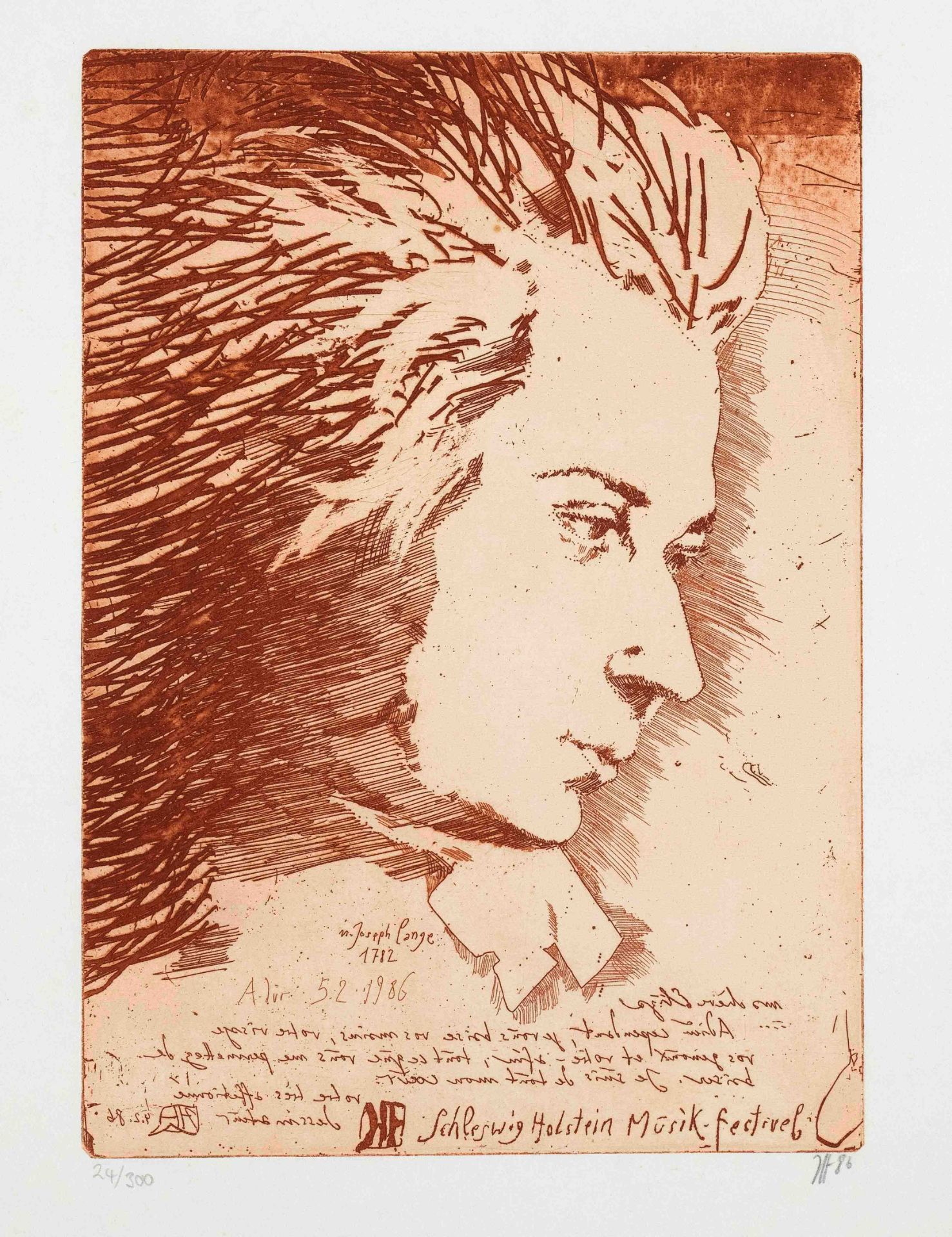 Janssen, Horst. 1929 - Hamburg - 1995. Mozart after Joseph Lange. 1986. color etching/paper,