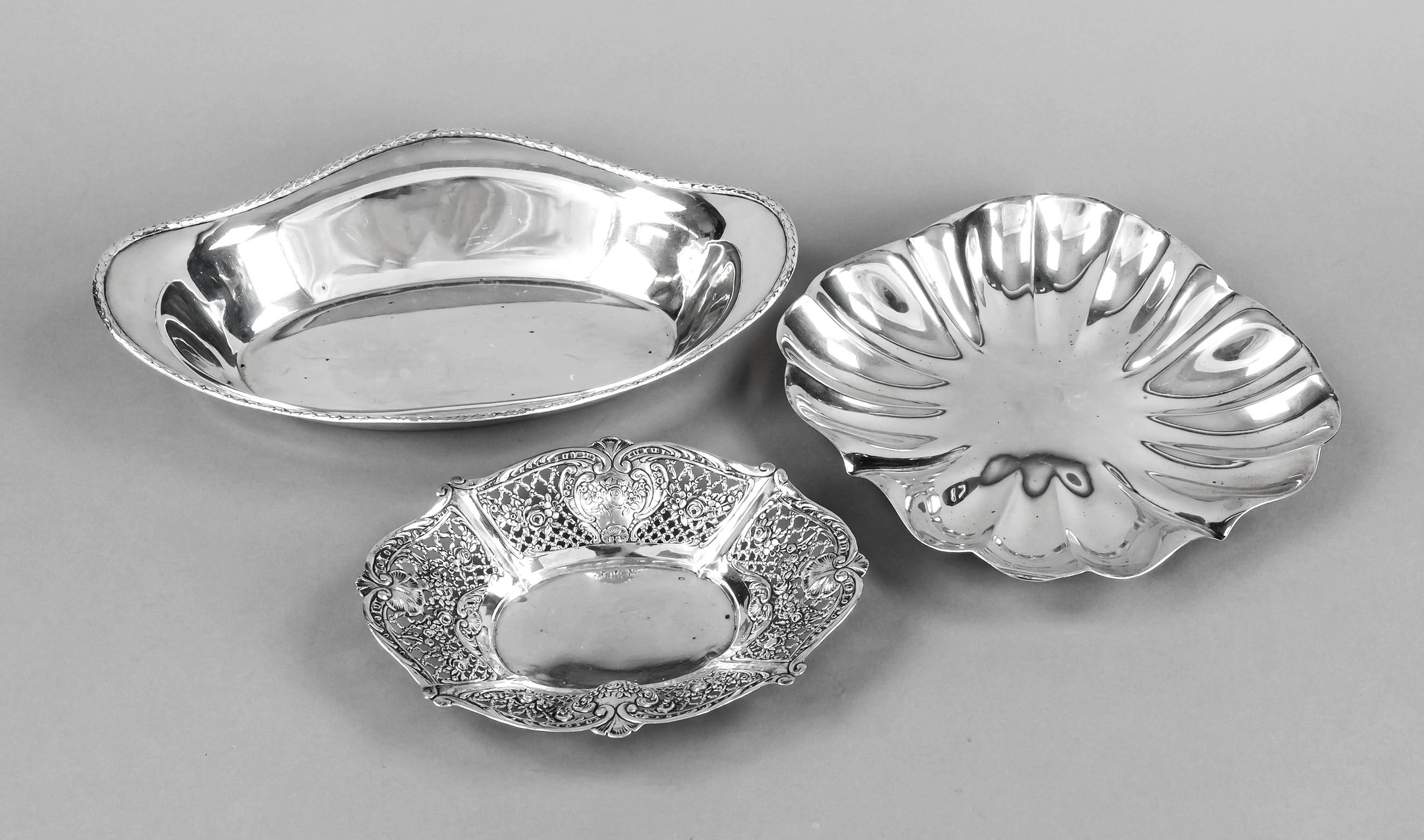 Three bowls, 20th c., different makers, silver 800/000, different shapes and sizes, 1x open