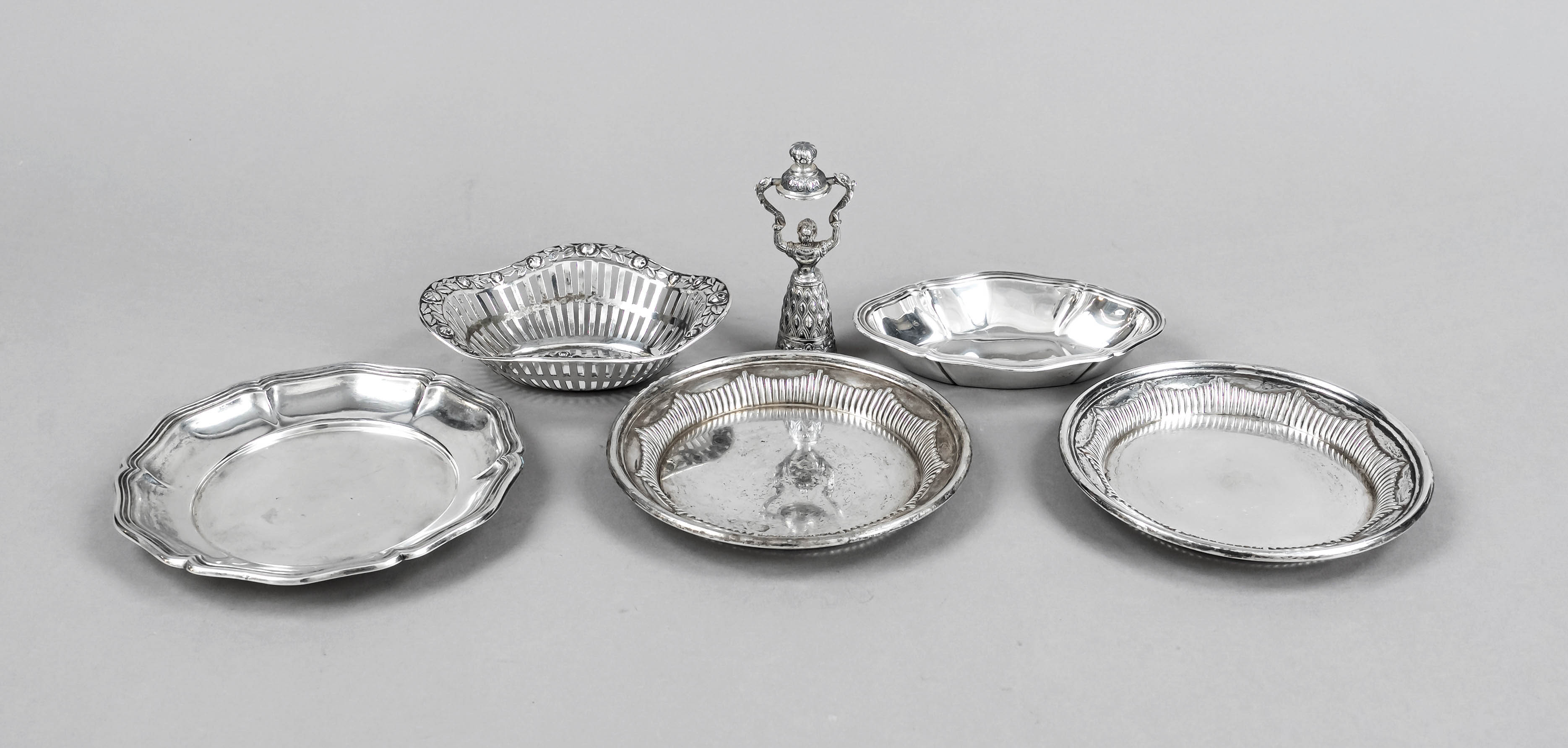 Group of six small pieces, German, 20th century, different makers, silver 800/000, 3 coasters, Ø