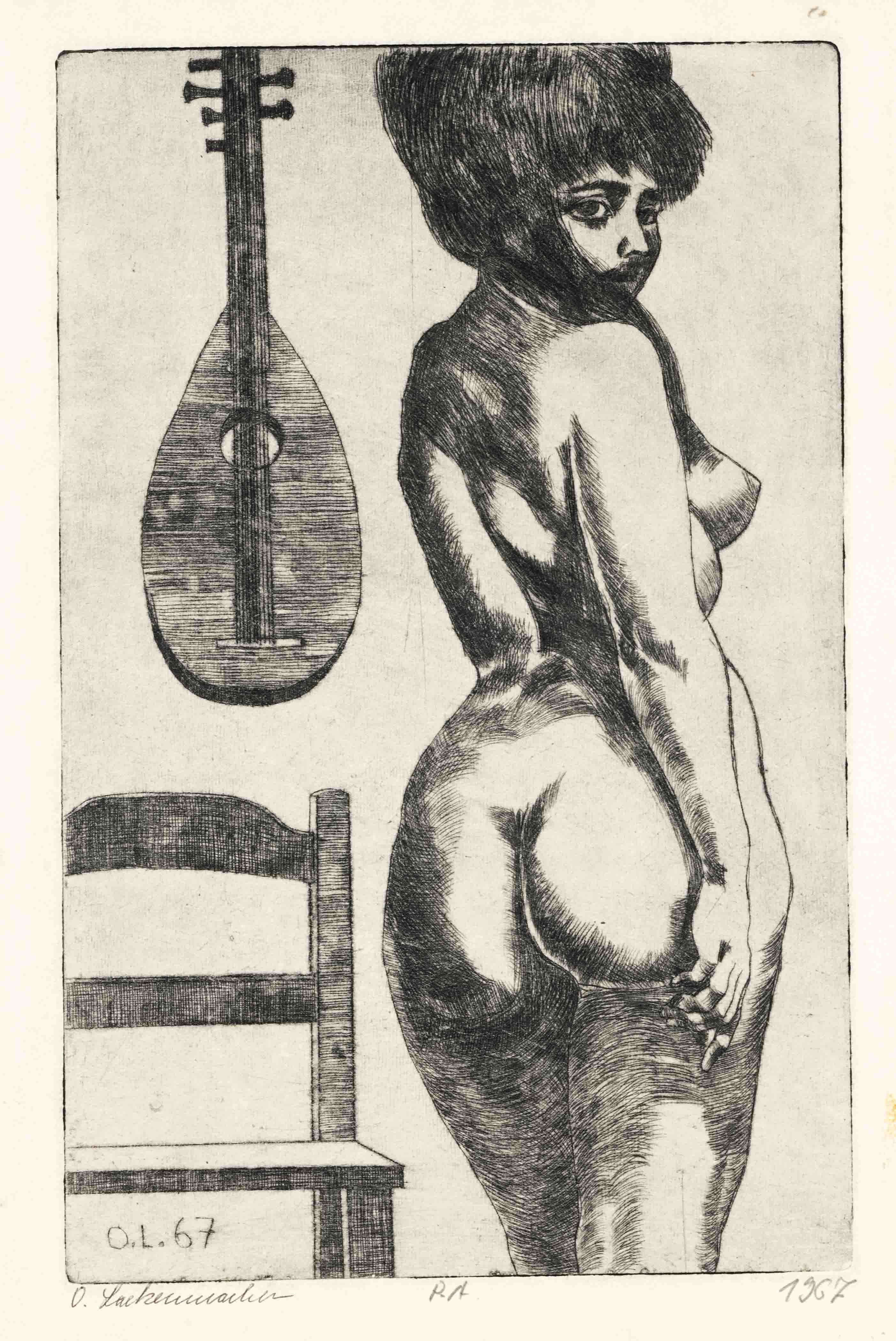 Otto Lackenmacher (1927-1988), Back Nude with Chair and Mandolin, etching, signed lower left by