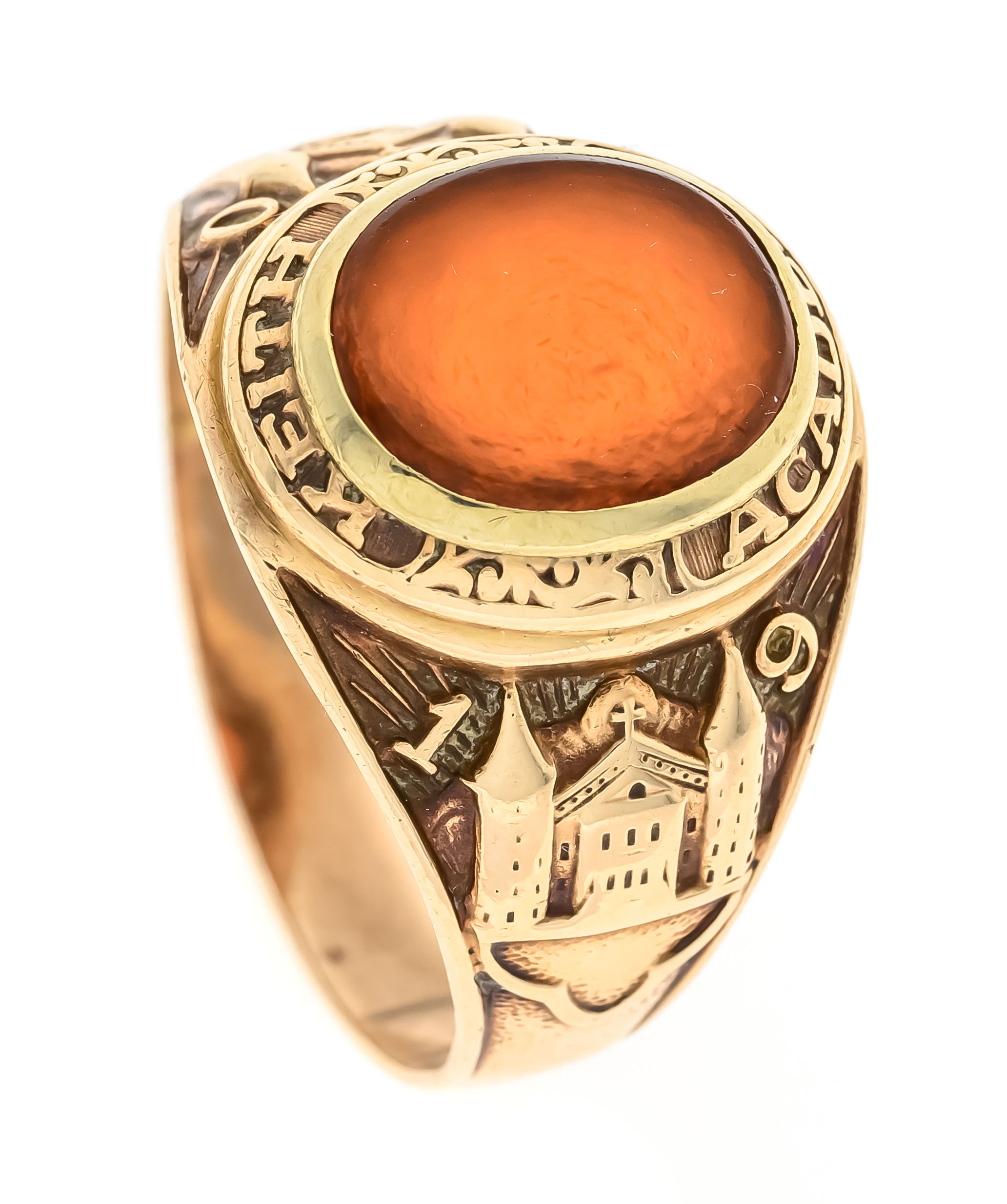 Men's college ring Keith Academy 1950 RG 416/000 unstamped, tested, with an oval carnelian lagestone