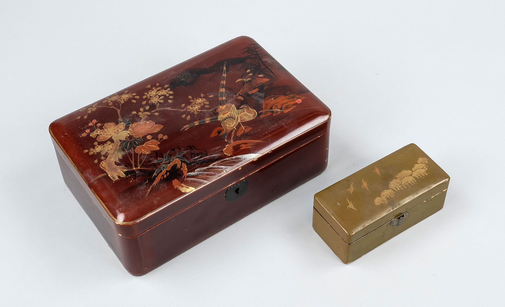 2 Boxes, Japan, 20th c., lacquered wood, pheasants and peonies and chidori birds over trees, l to