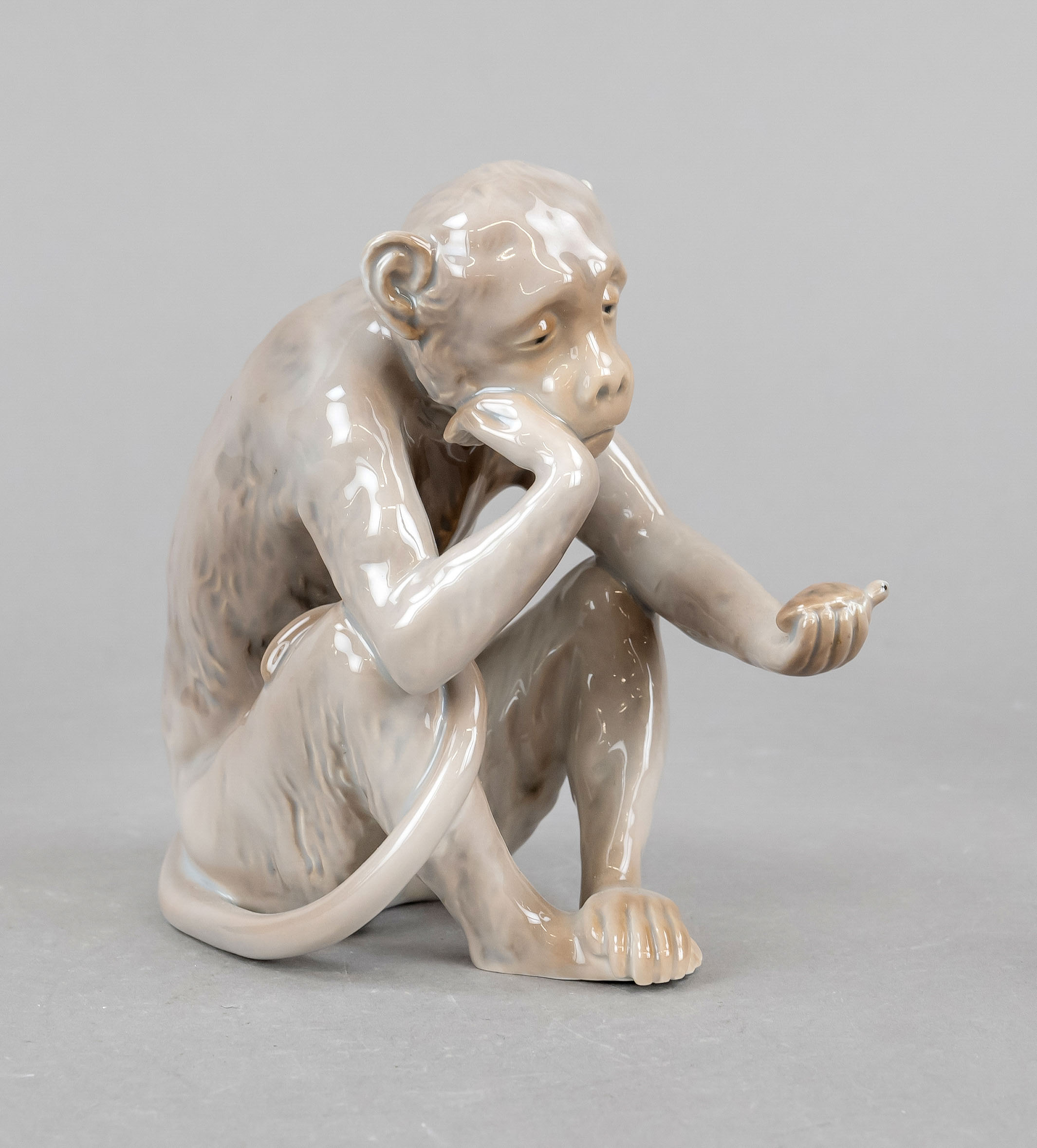 'The Thinker', pondering monkey with turtle in hand, Bing & Gröndahl, Copenhagen, 1970-83 mark,