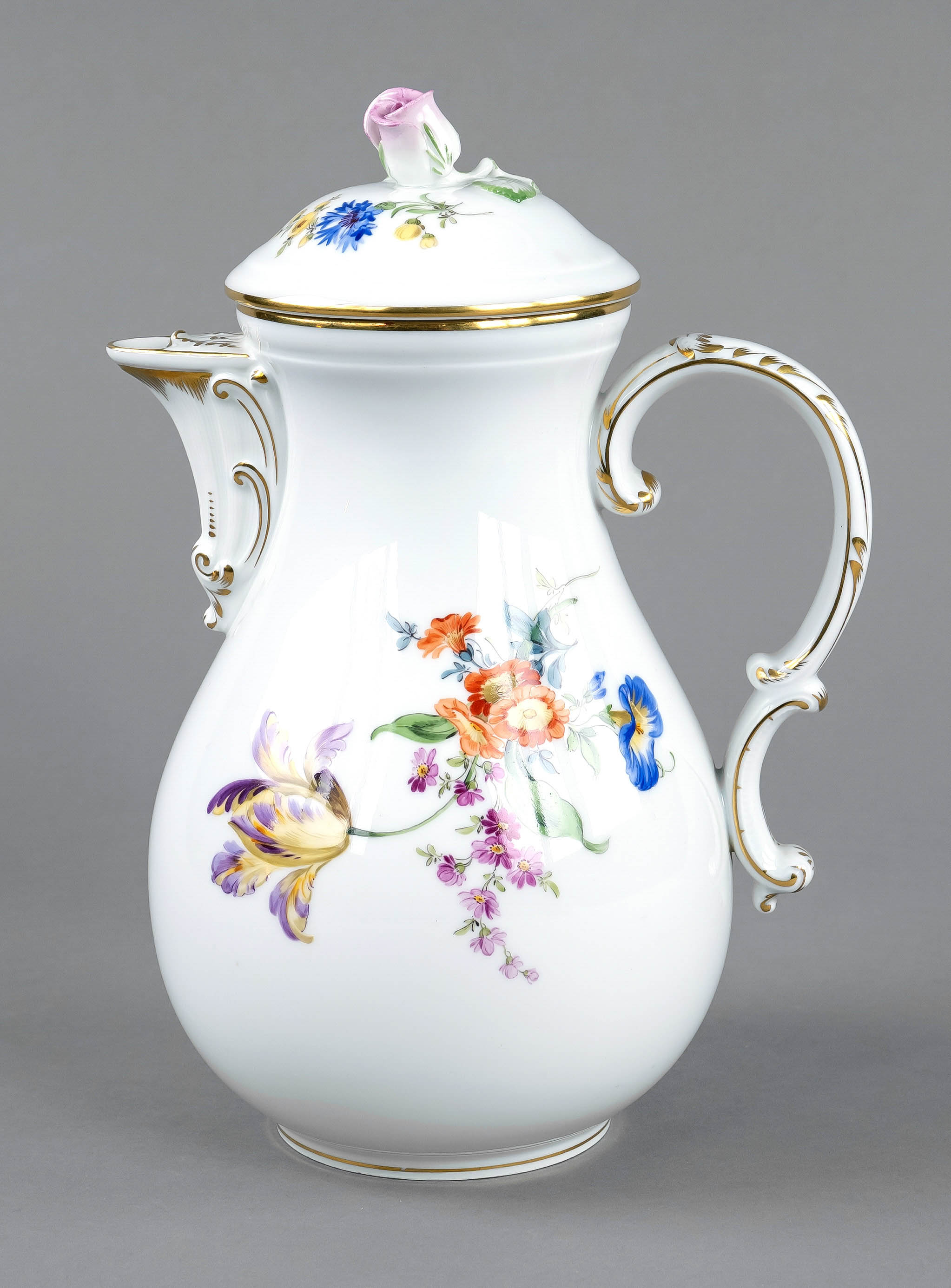 Coffee pot, Meissen, mark 1951-53, 1st choice, shape New Cutout, decor Colorful Flower, ornamental