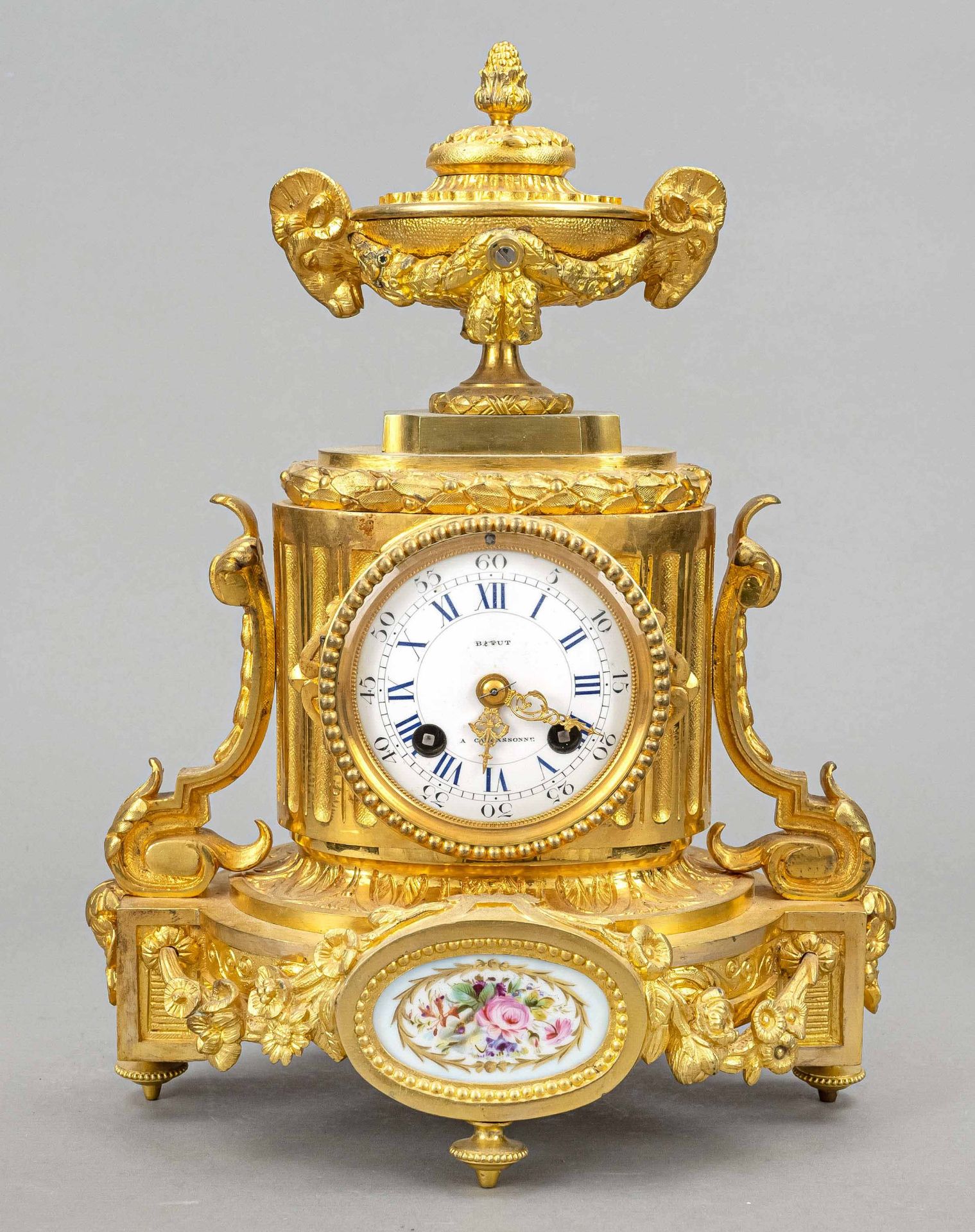 french. Table clock fire-gilt, 2nd half 19th c., decorated with vines and flowers, crowned with bowl