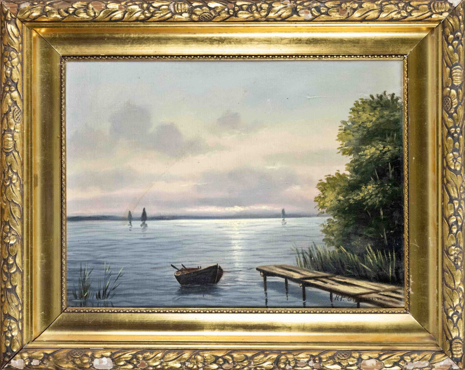 Hans Peter Engmann (1879-1938), Lake shore with jetty and boats, oil on canvas, signed ''H.P.