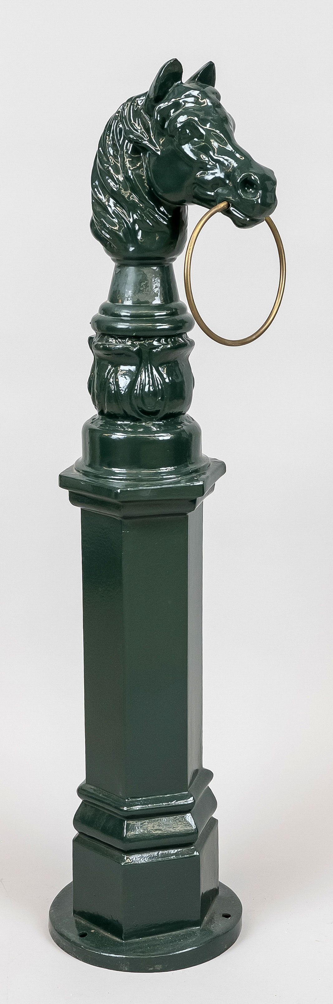 Post for tying horses?, 20th century, iron painted dark green. Faceted and profiled pedestal/