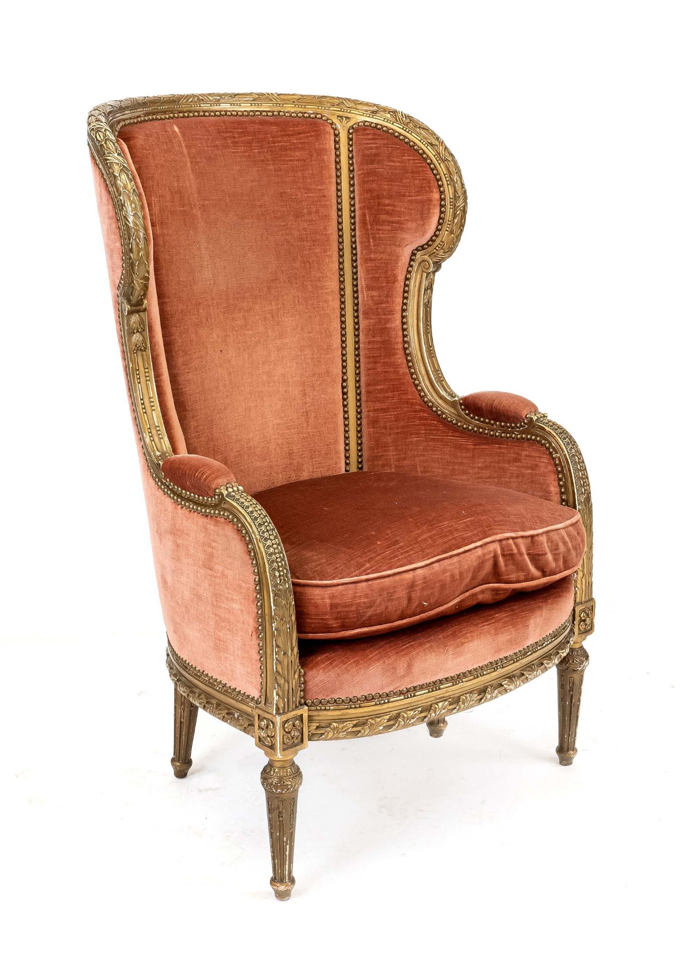 Louis Seize style armchair, 19th c., stuccoed and gilded wooden frame, 115 x 71 x 70 cm.