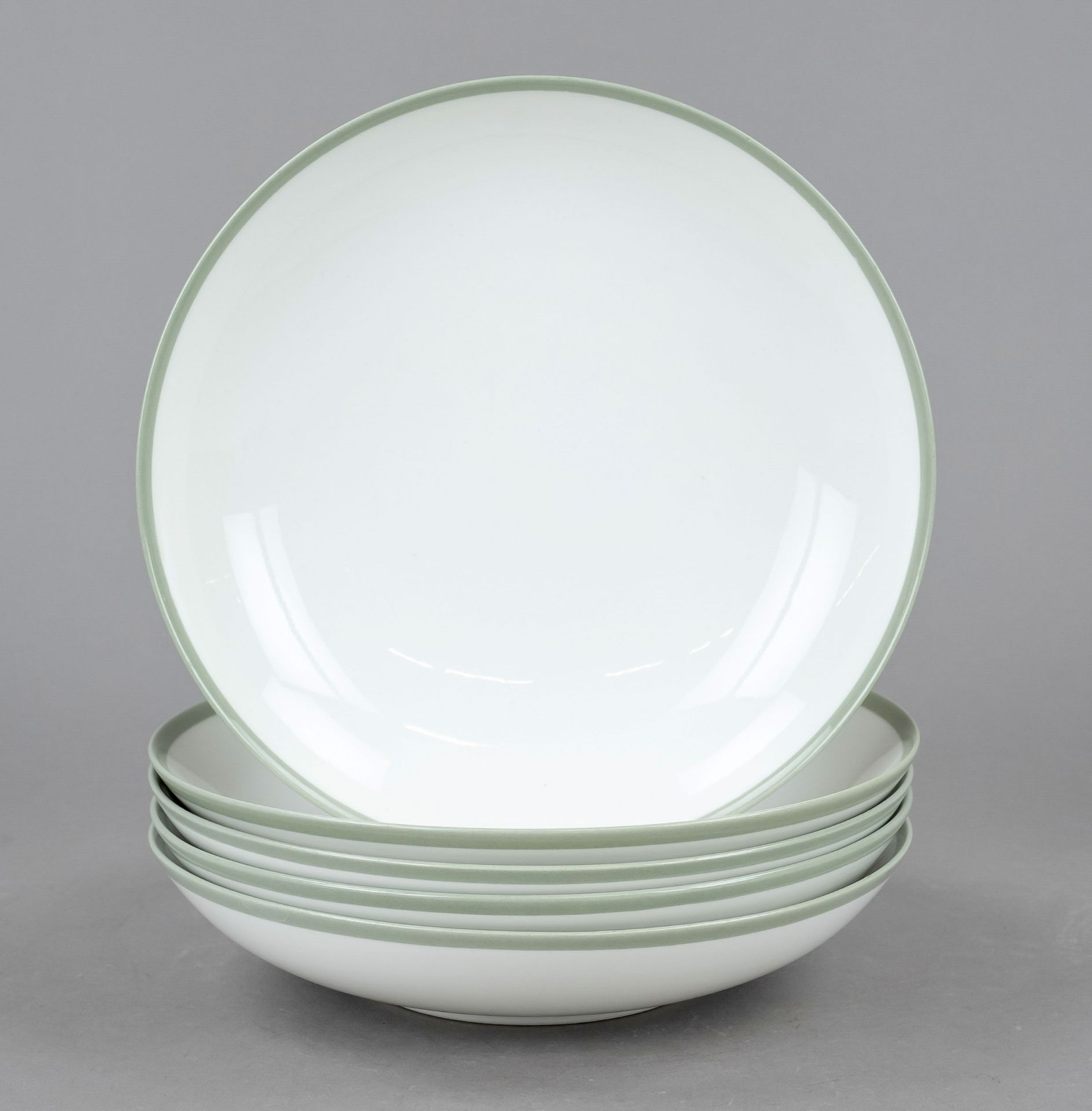 Five soup plates, KPM Berlin, mark before 1962, 2nd choice, form Urbino, white with celadon green