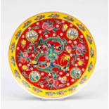 Retro dragon plate, China, mid-century, yellow-red plate with peaches around a dragon and the