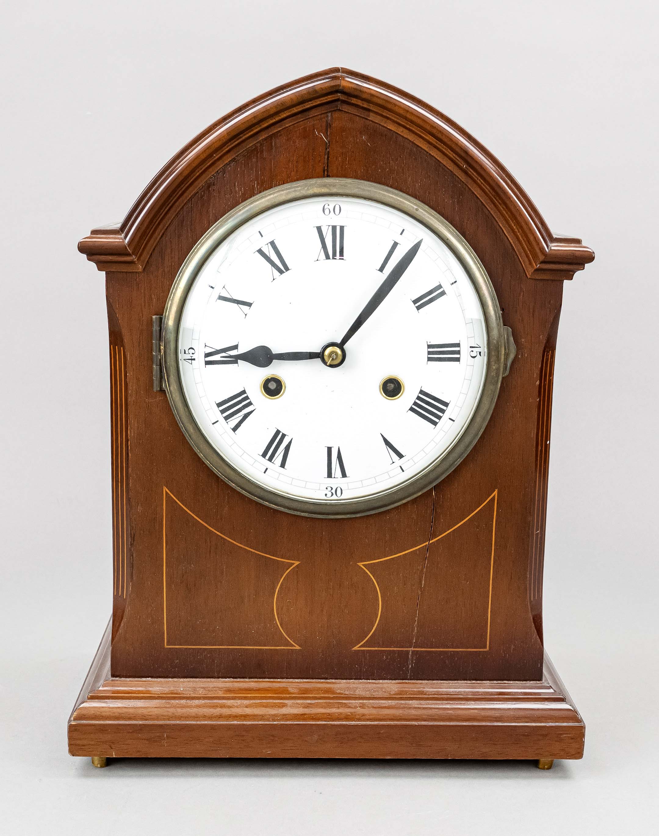 Table clock wood mahogany, with pointed arched pediment, light thread inlays, marked Philipp