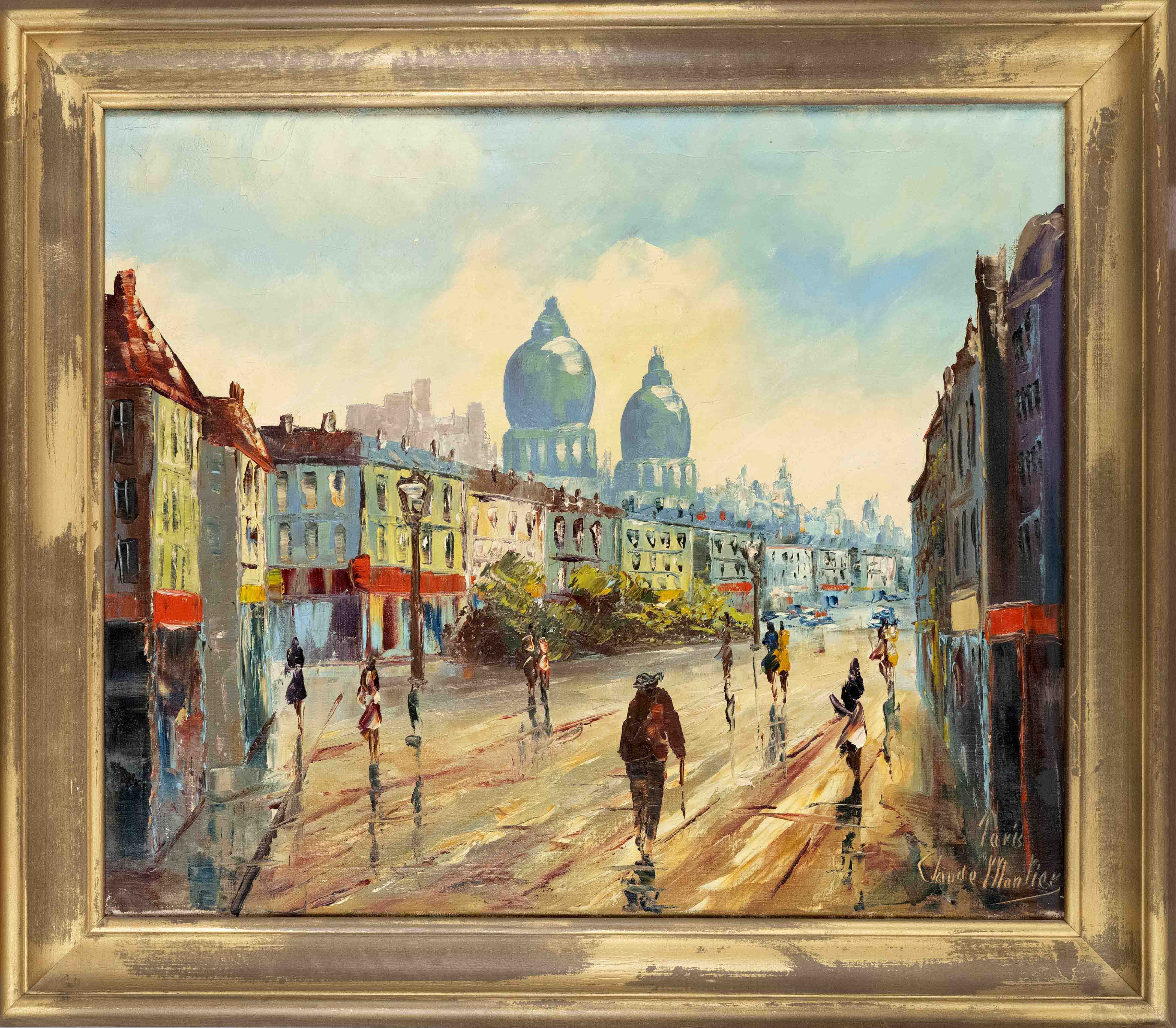 Claude Montier, French veduta painter 1st h. 20th c., Parisian street scene, oil on canvas, signed &