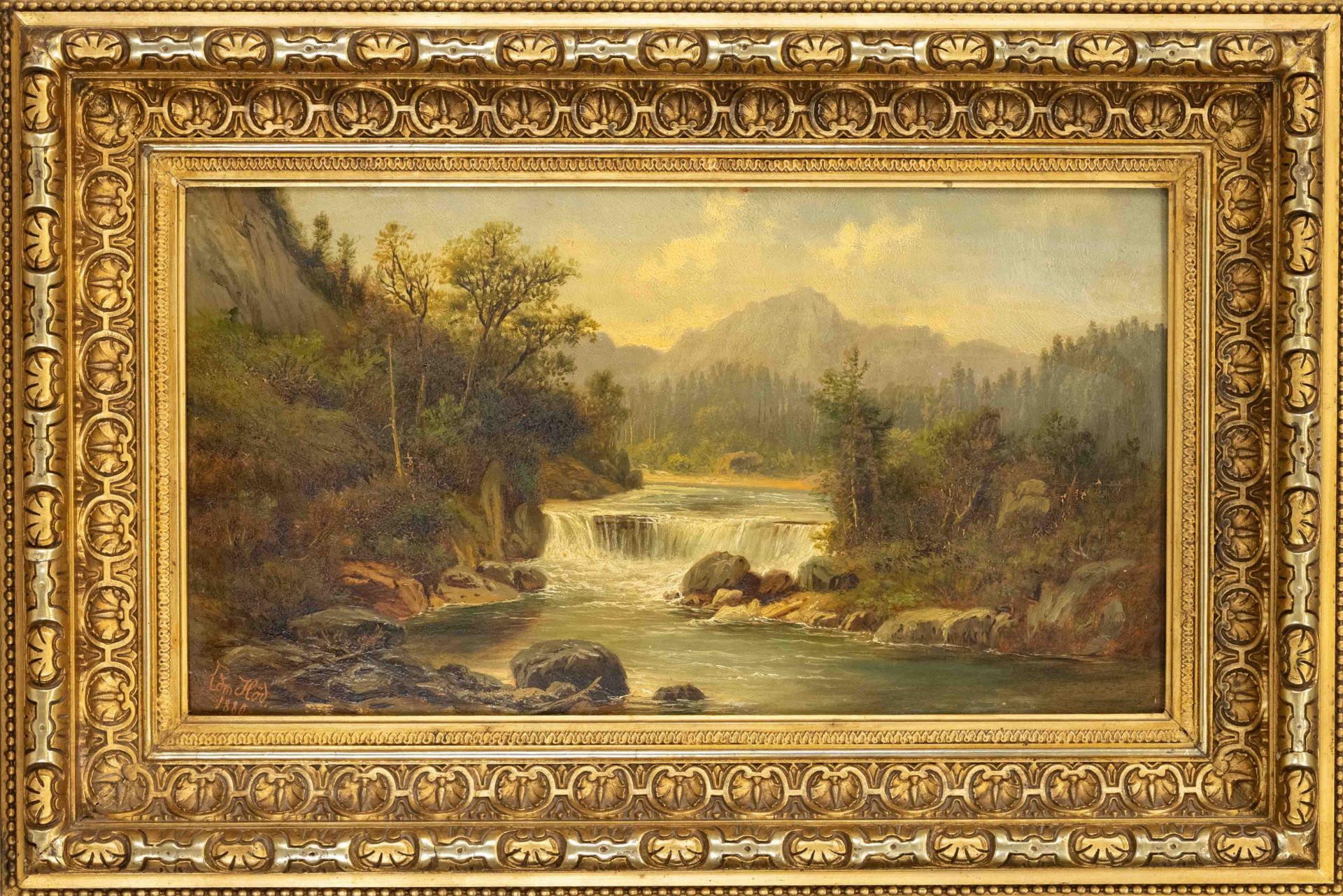 Edmund Höd (1837-1888), Austrian landscape painter, Alpine landscape with small waterfall, oil on