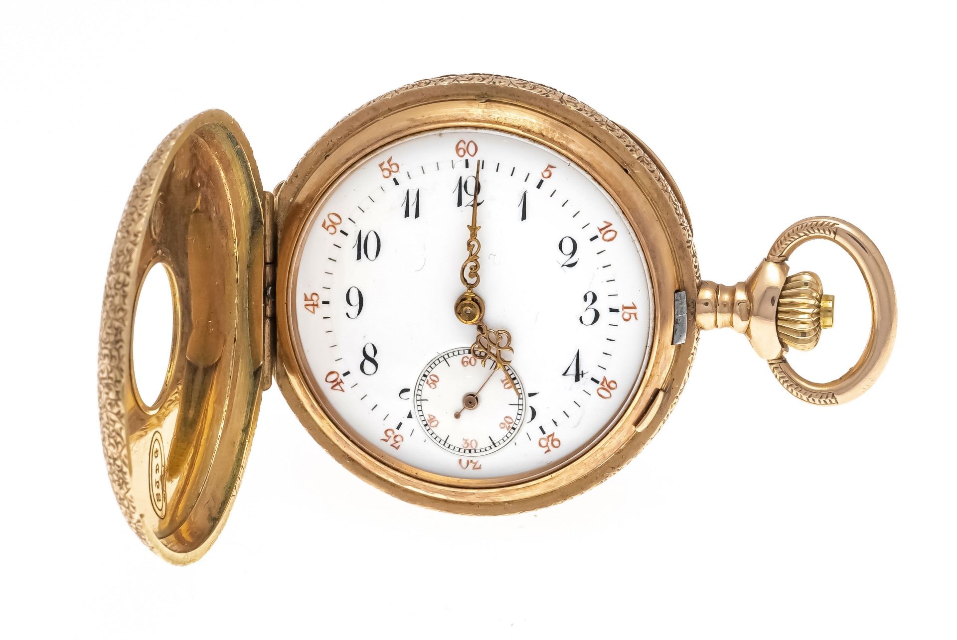 half-savonette jump cover ladies pocket watch, 585/000GG, 3 lids gold, marked ''Max Mayer, - Image 2 of 3