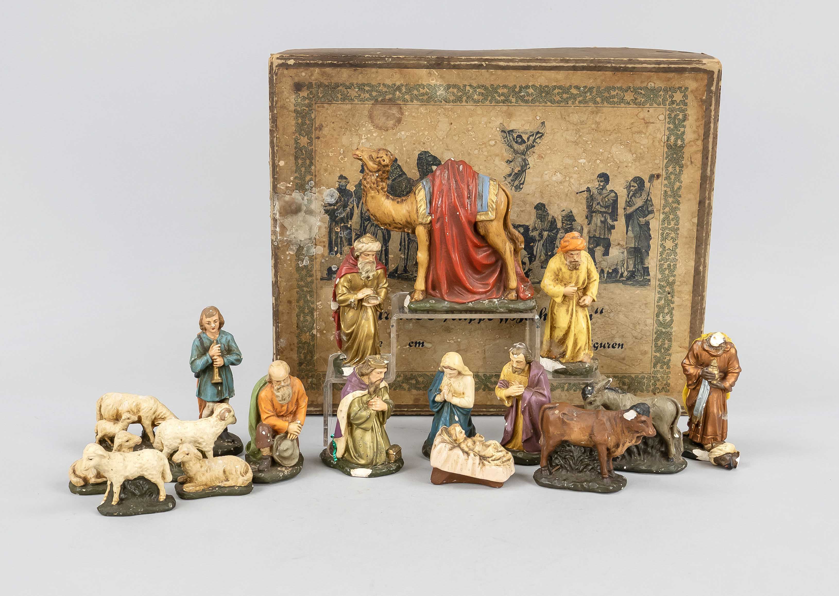 Nativity figures, late 19th/early 20th century, plaster, polychrome painted. Total 18 pieces, partly