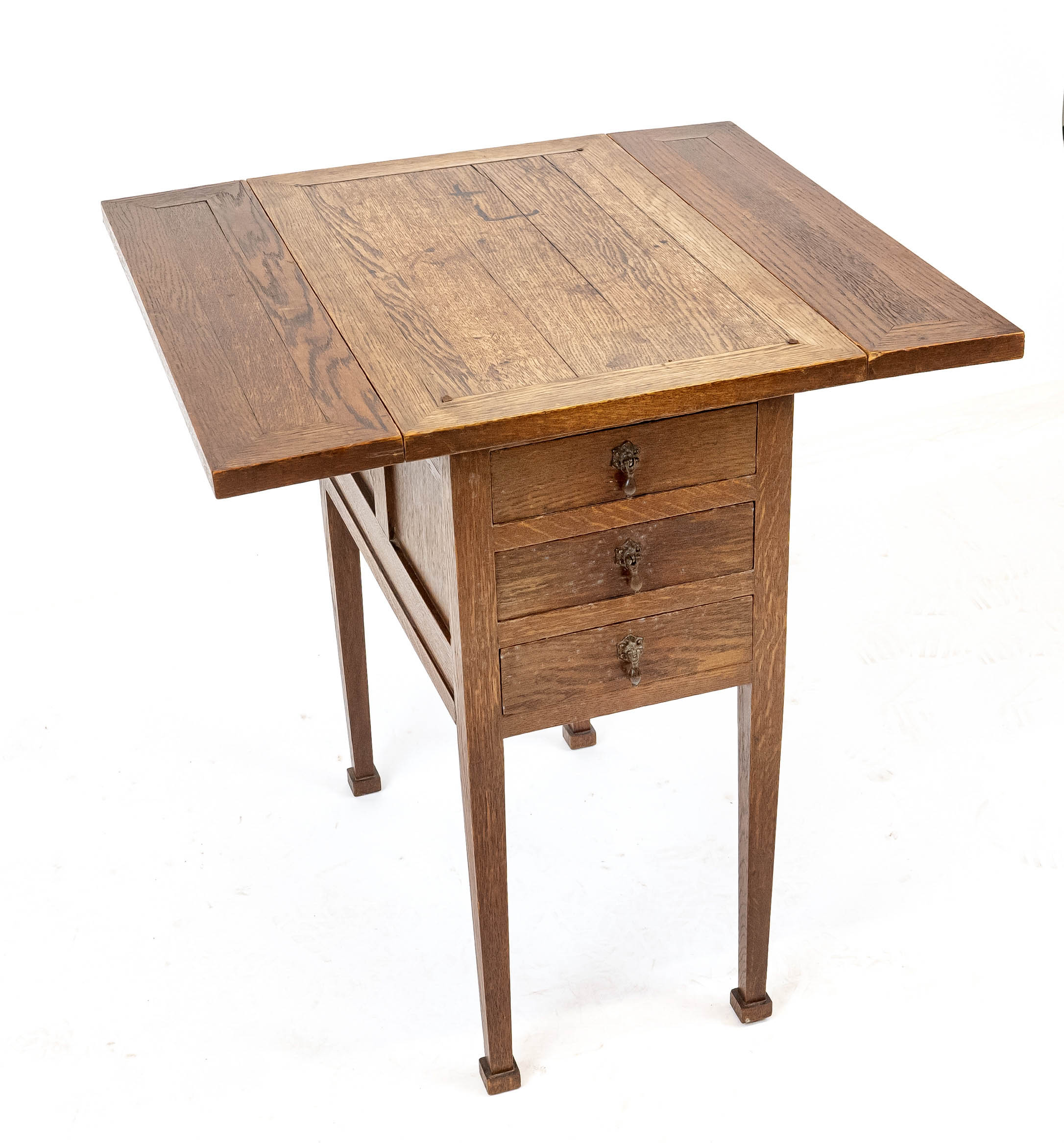 English folding table around 1900, oak, three drawers on the side, opposite door, 76 x 65 x 46/70