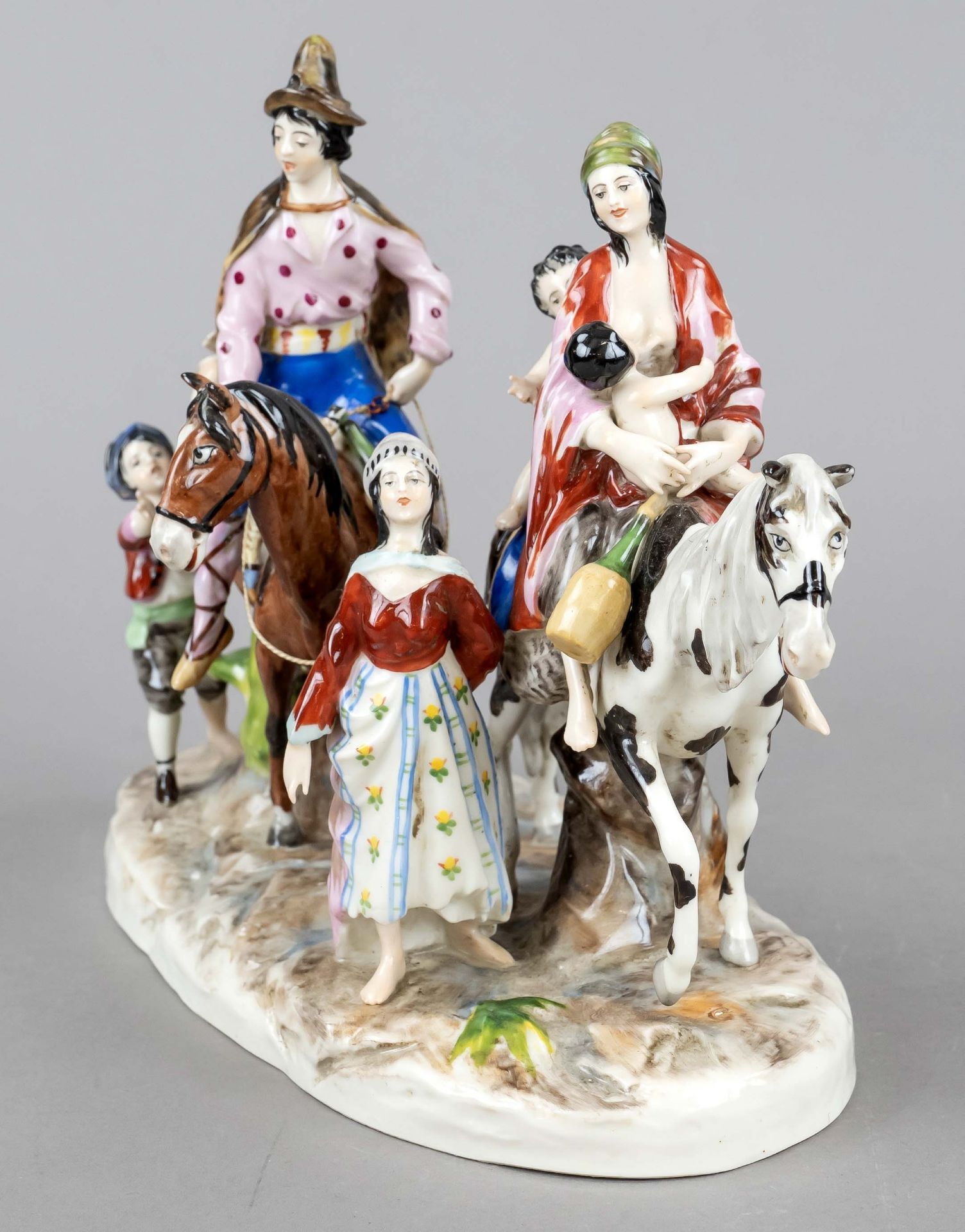 Group of figures, 20th century, large family with several children riding on two horses, on oval - Image 2 of 3