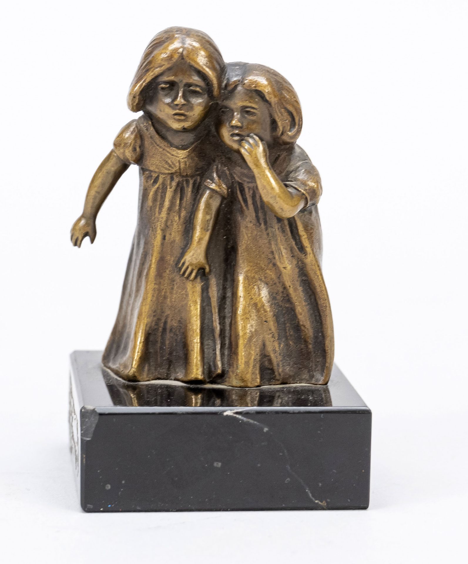20th century sculptor, two sisters, small figure of two children holding each other, brownish