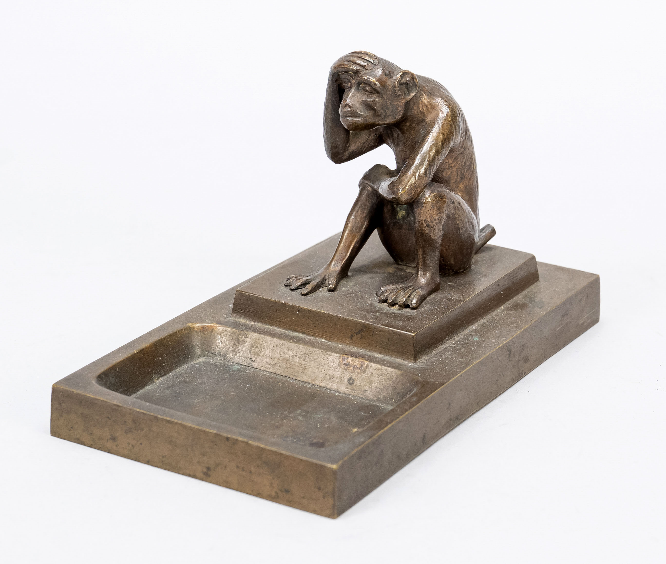 Sculptor of the 20th century, business card bowl with a small monkey holding a pipe in his hand,