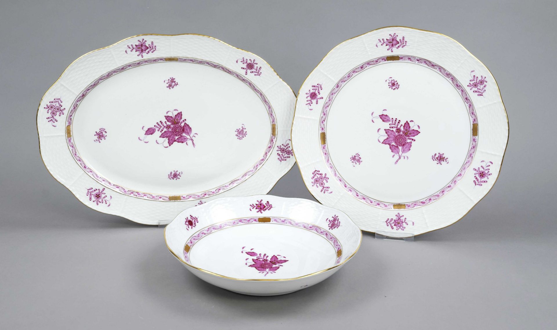 Two plates and a bowl, Herend, 20th century, Ozier form, Apponyi decor in purple, ornamental