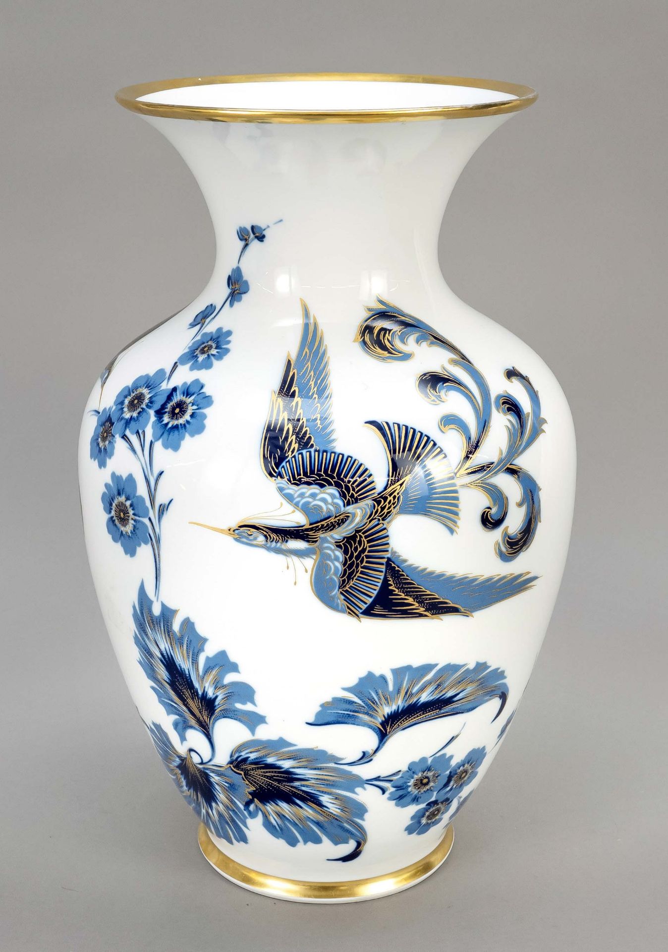 Large vase, Schumann, Arzberg, Bavaria, 20th c., amphora shape with blue flowers and phoenix,